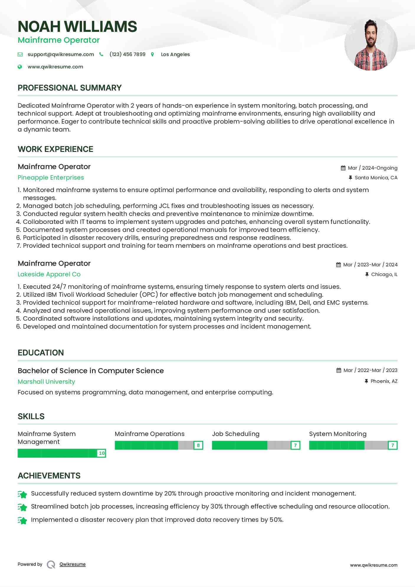 Mainframe Operator Resume Format