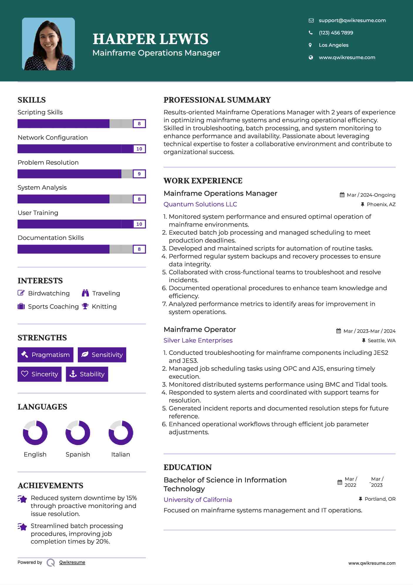 Mainframe Operations Manager Resume Model