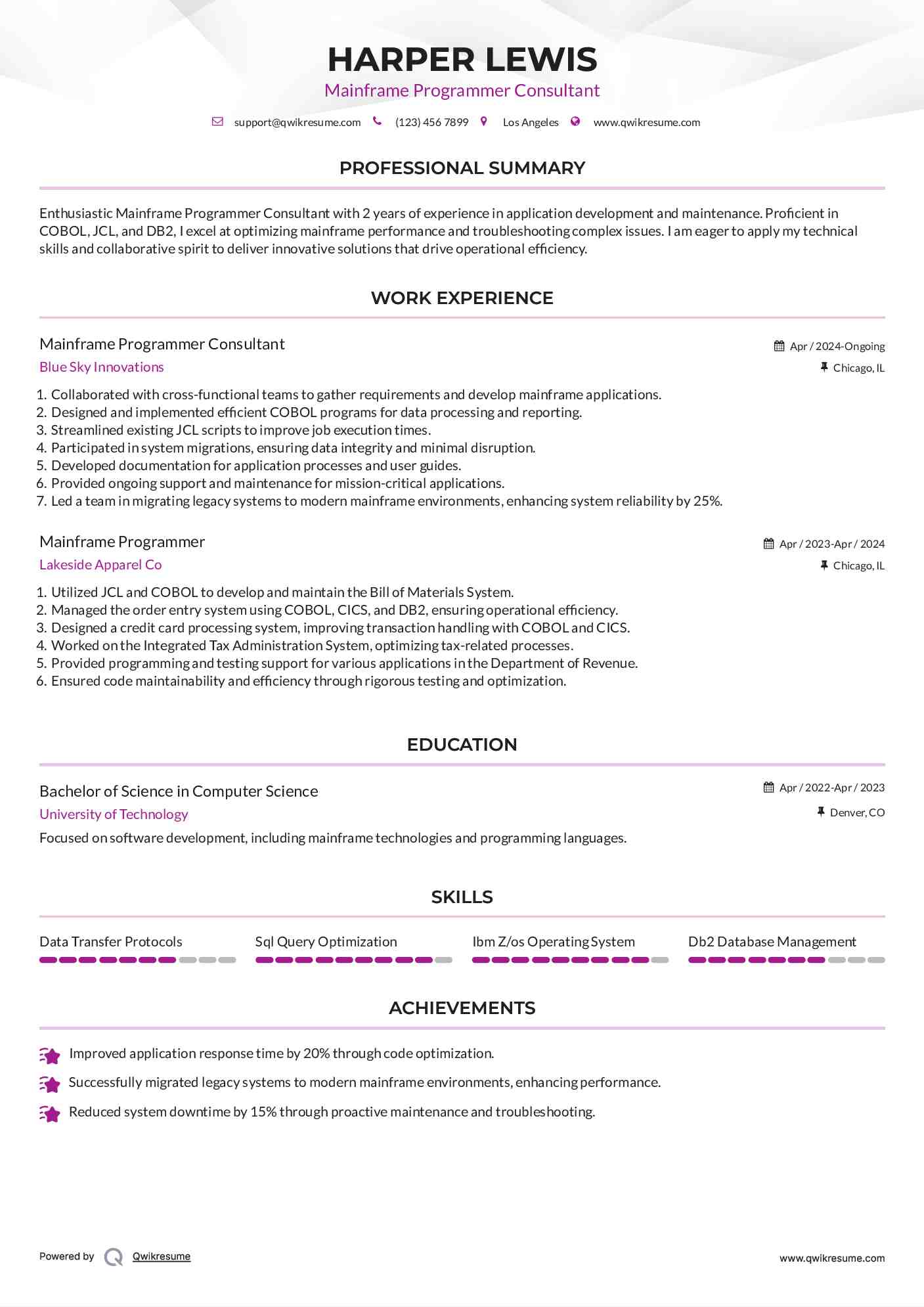 Mainframe Programmer Consultant Resume Model