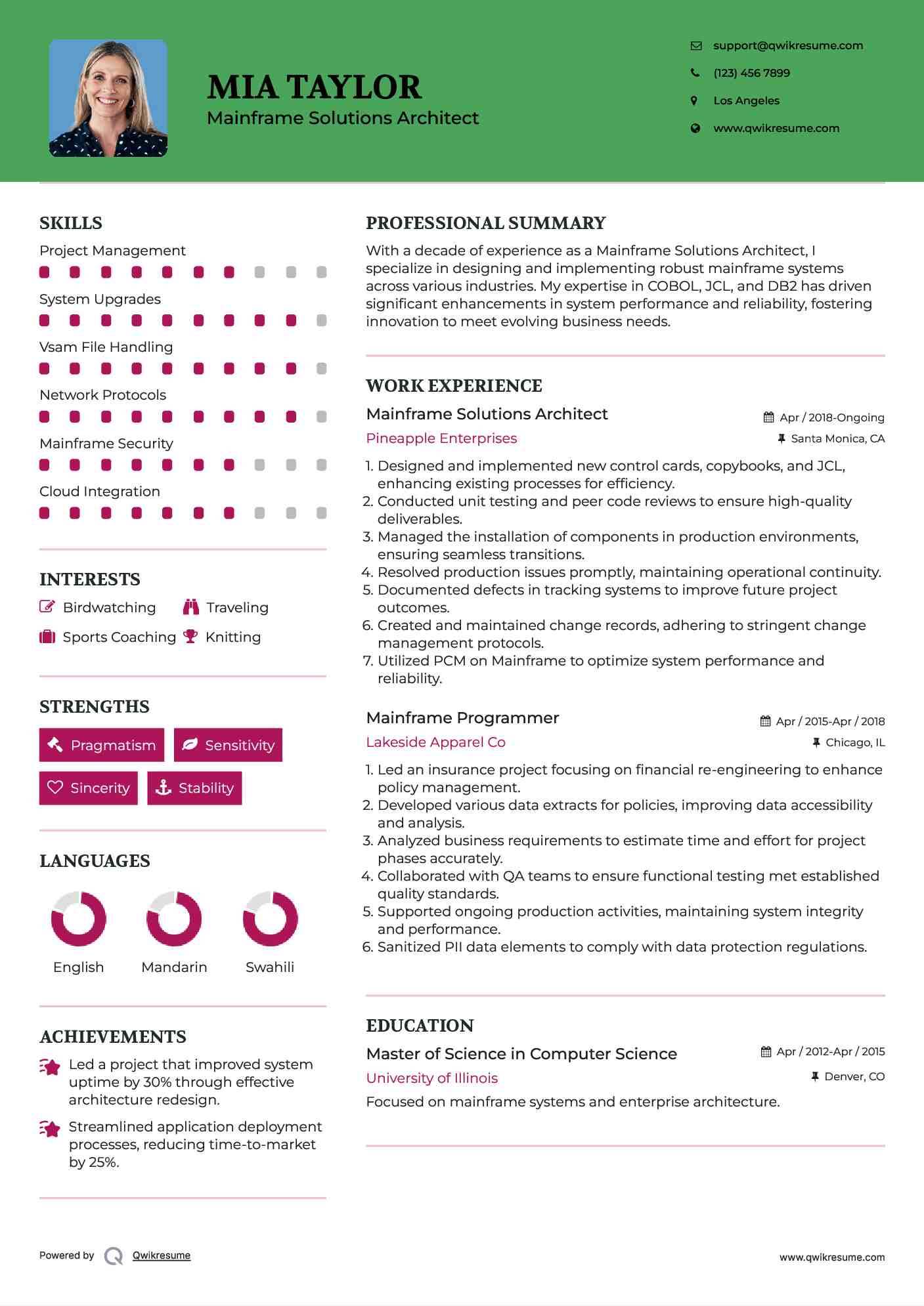 Mainframe Solutions Architect Resume Sample