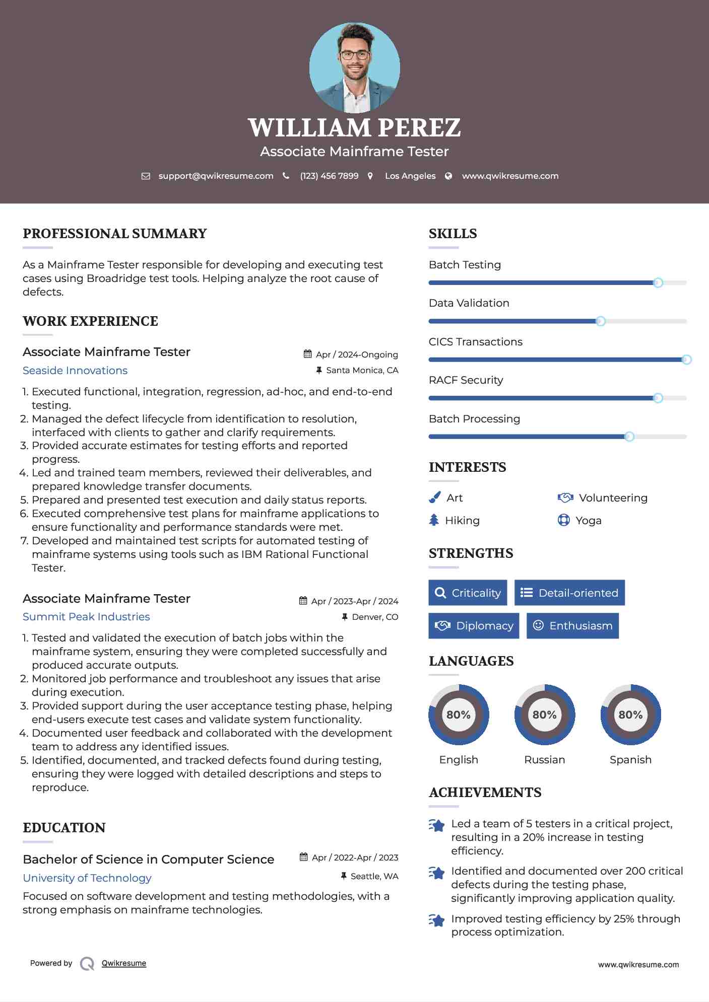 Associate Mainframe Tester Resume Sample