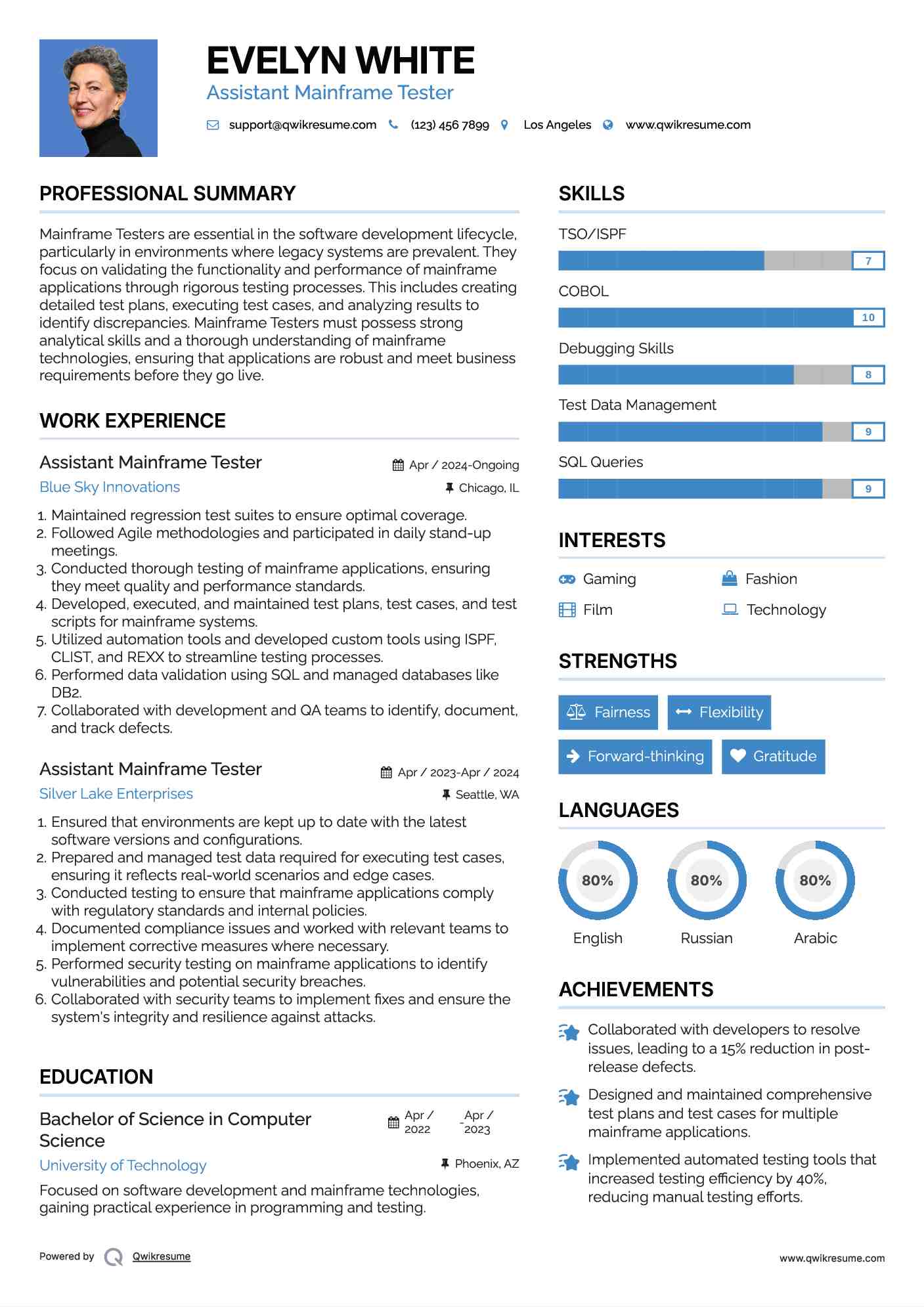 Assistant Mainframe Tester Resume Example