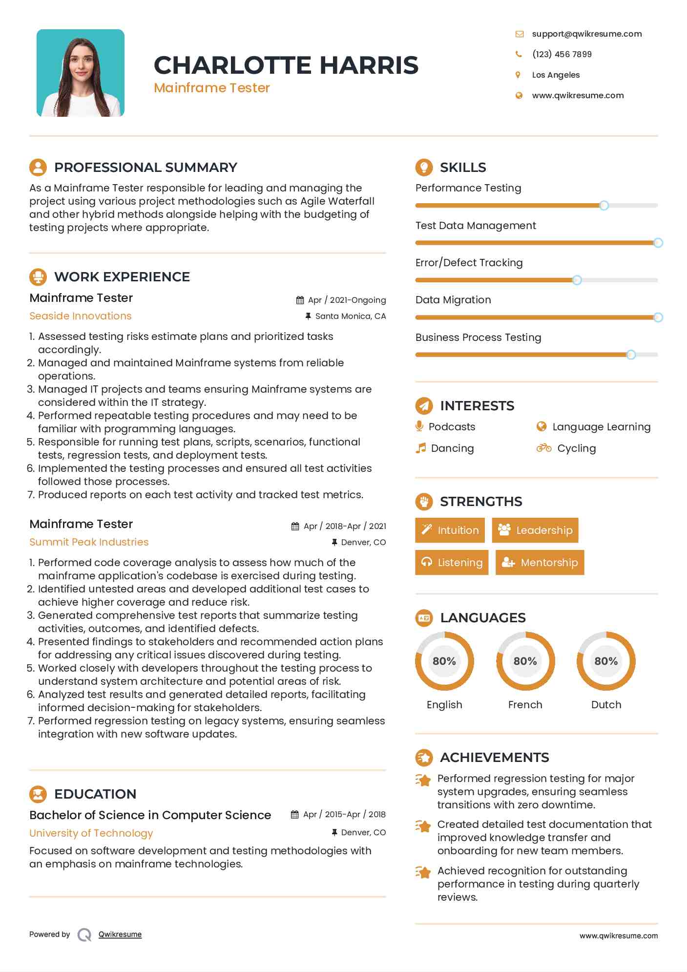 Mainframe Tester Resume Sample