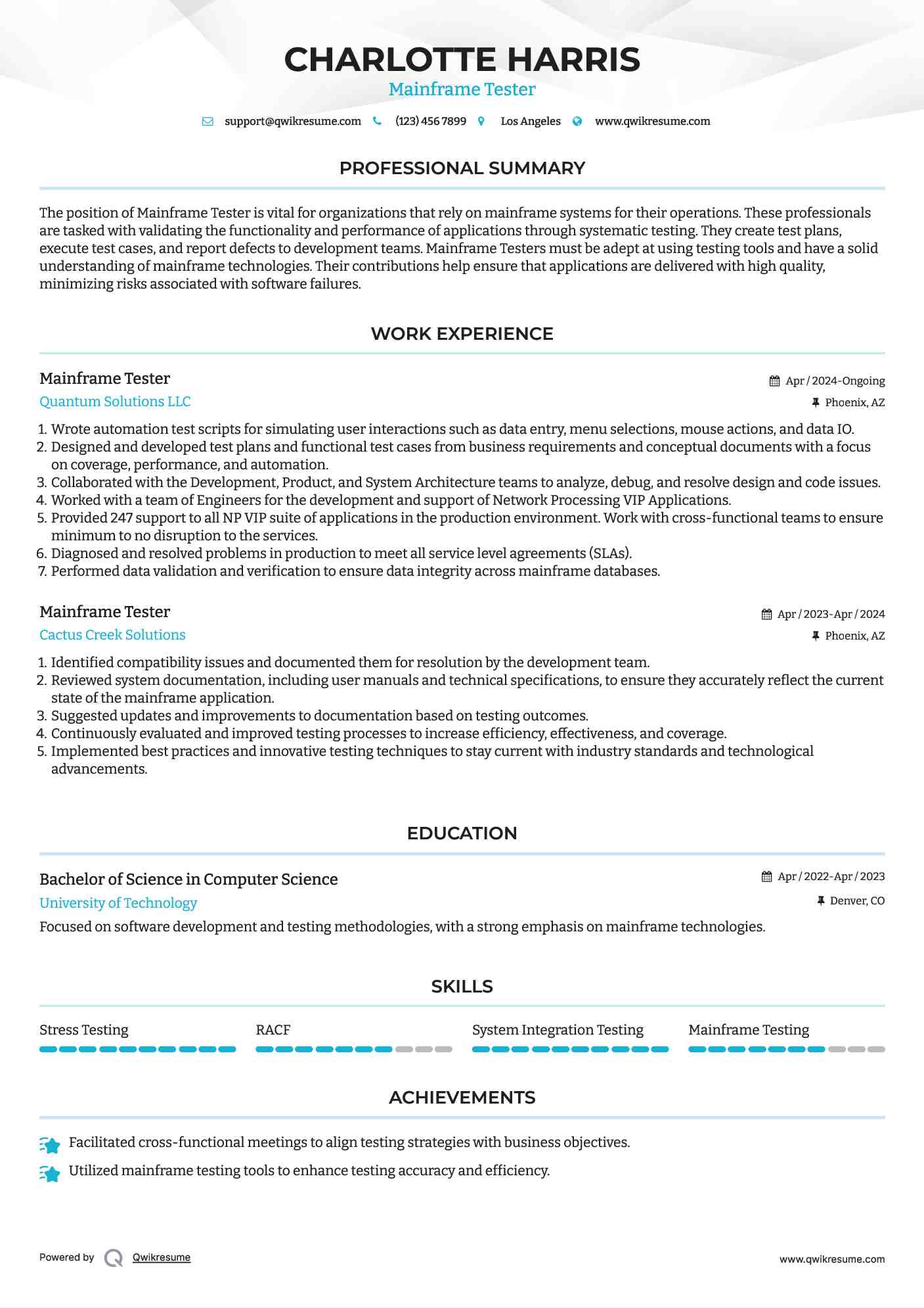 Mainframe Tester Resume Sample