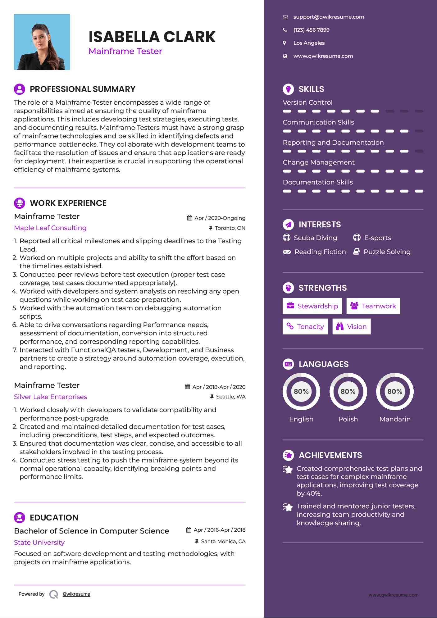 Mainframe Tester Resume Example