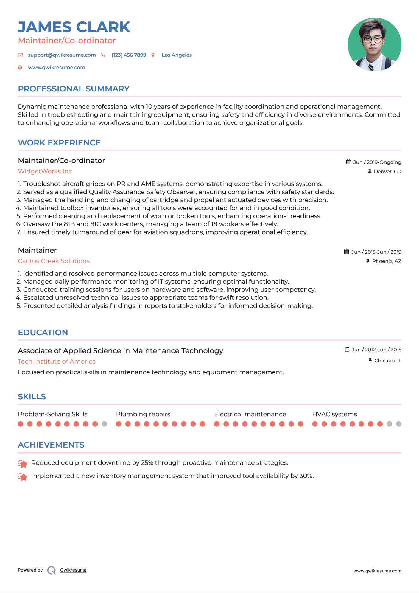 Maintainer/Co-ordinator Resume Sample