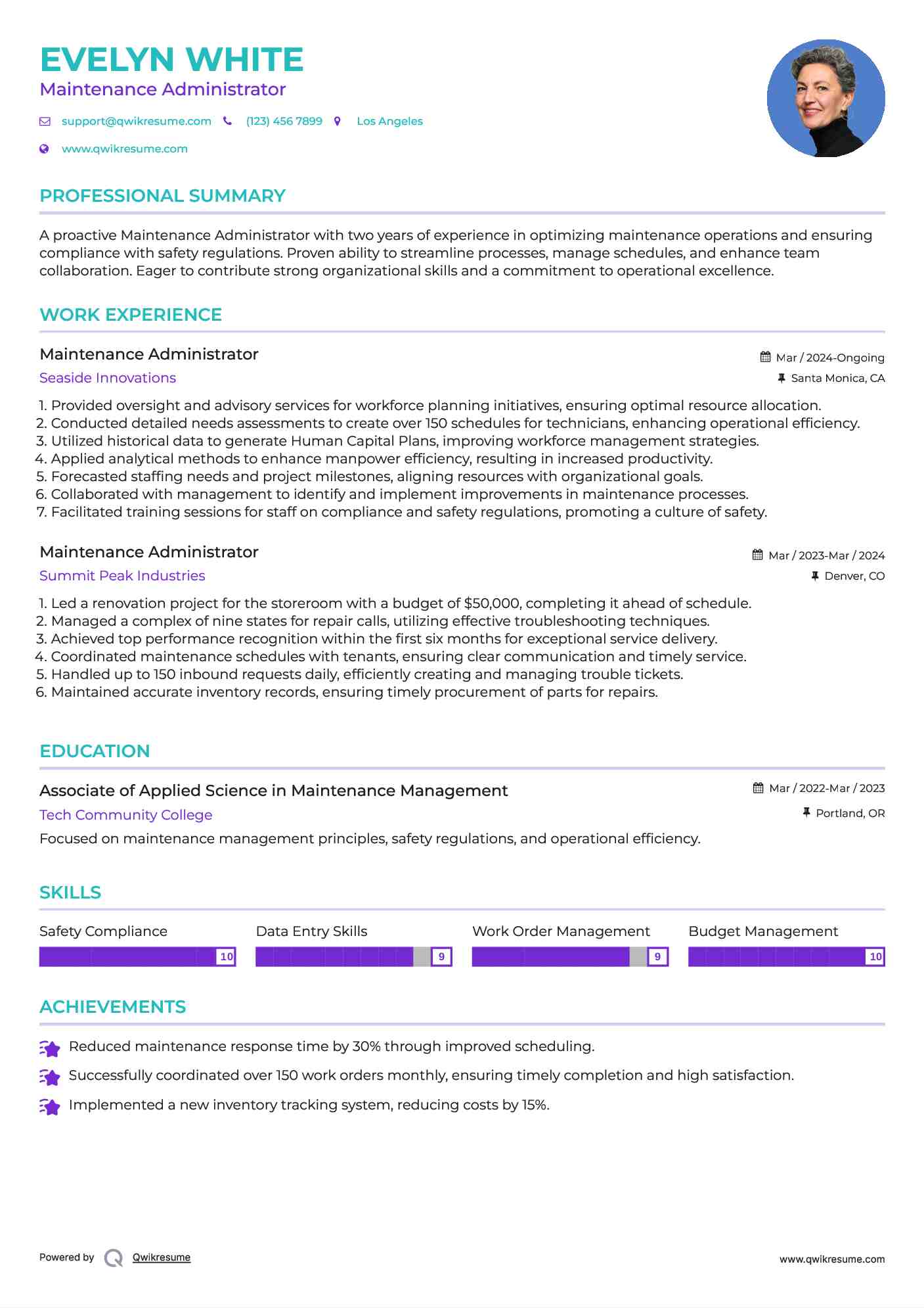 Maintenance Administrator Resume Sample