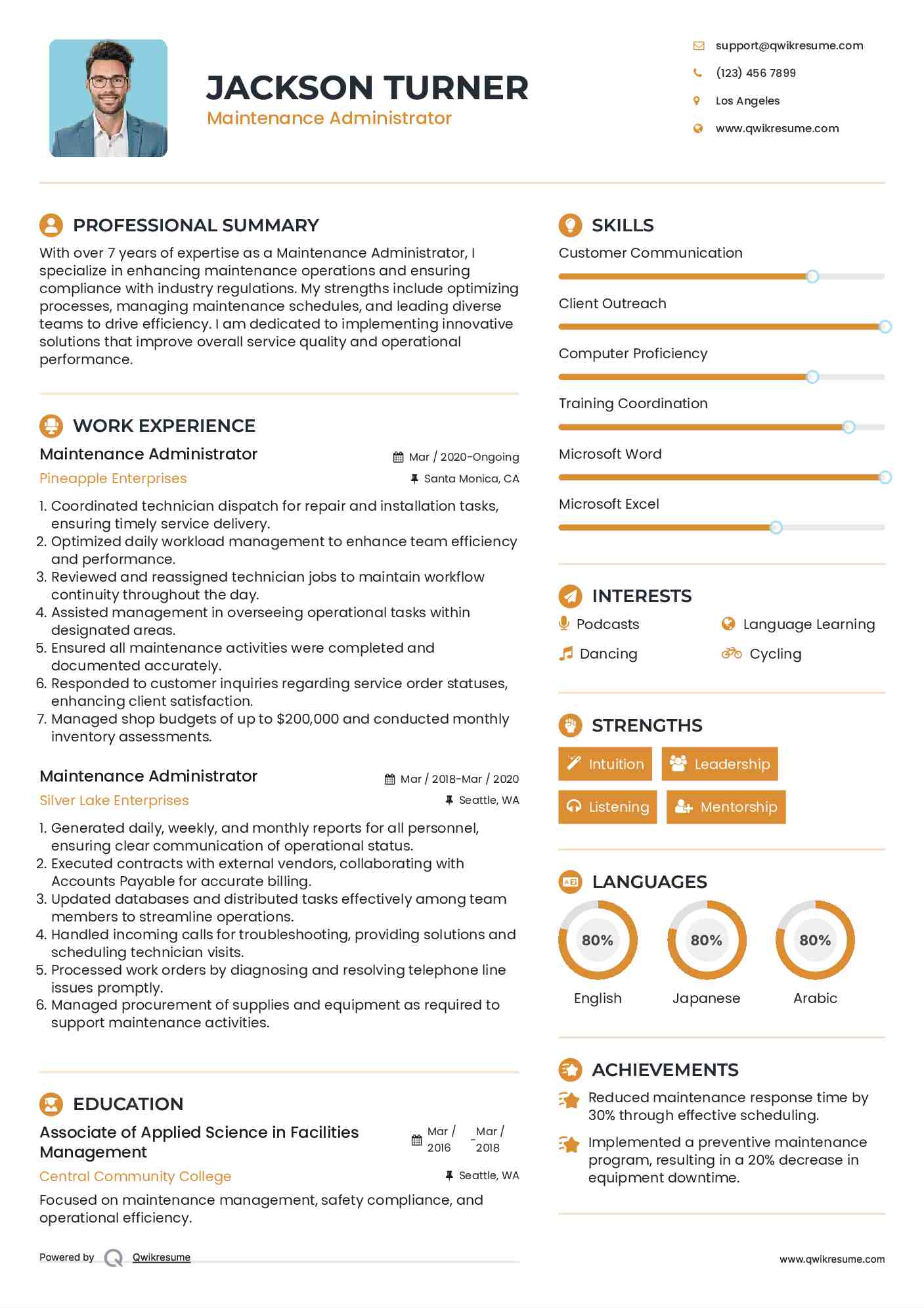 Maintenance Administrator Resume Sample