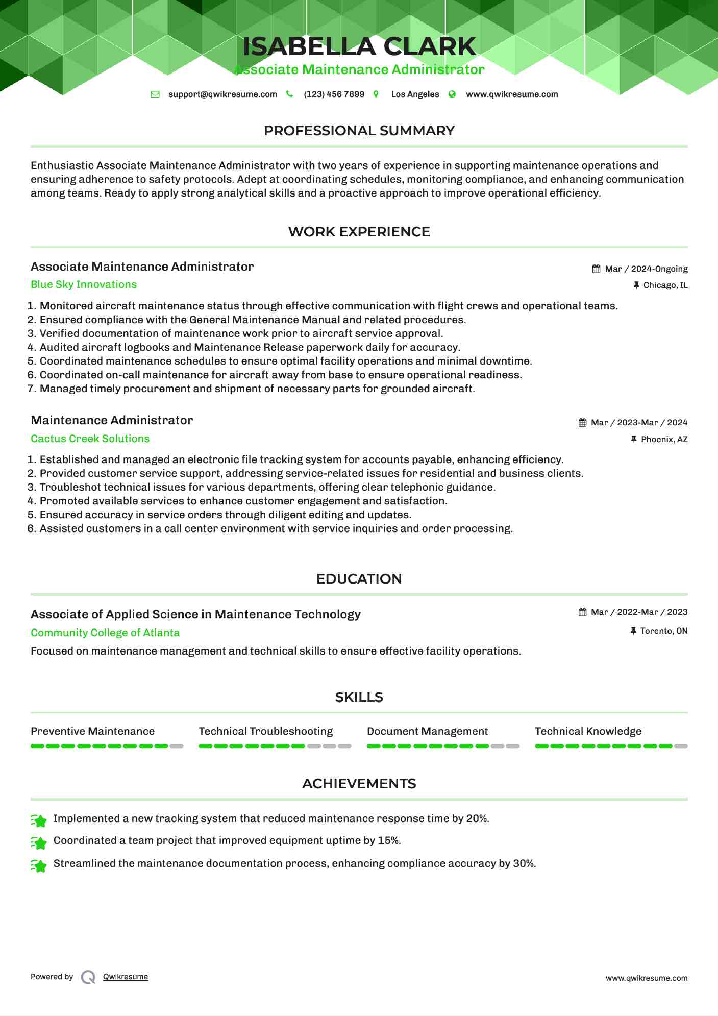 Associate Maintenance Administrator  Resume Example