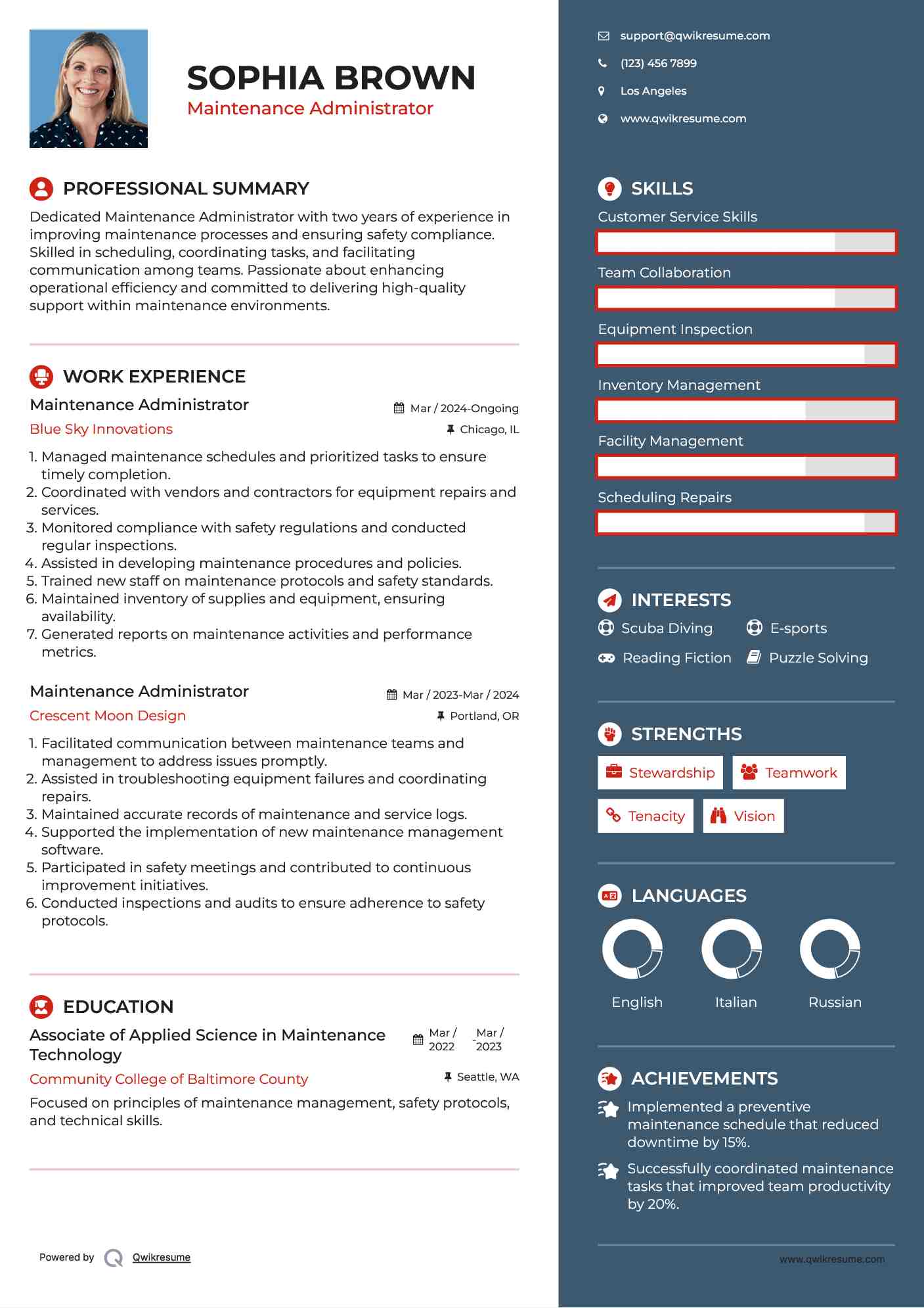 Maintenance Administrator Resume Sample