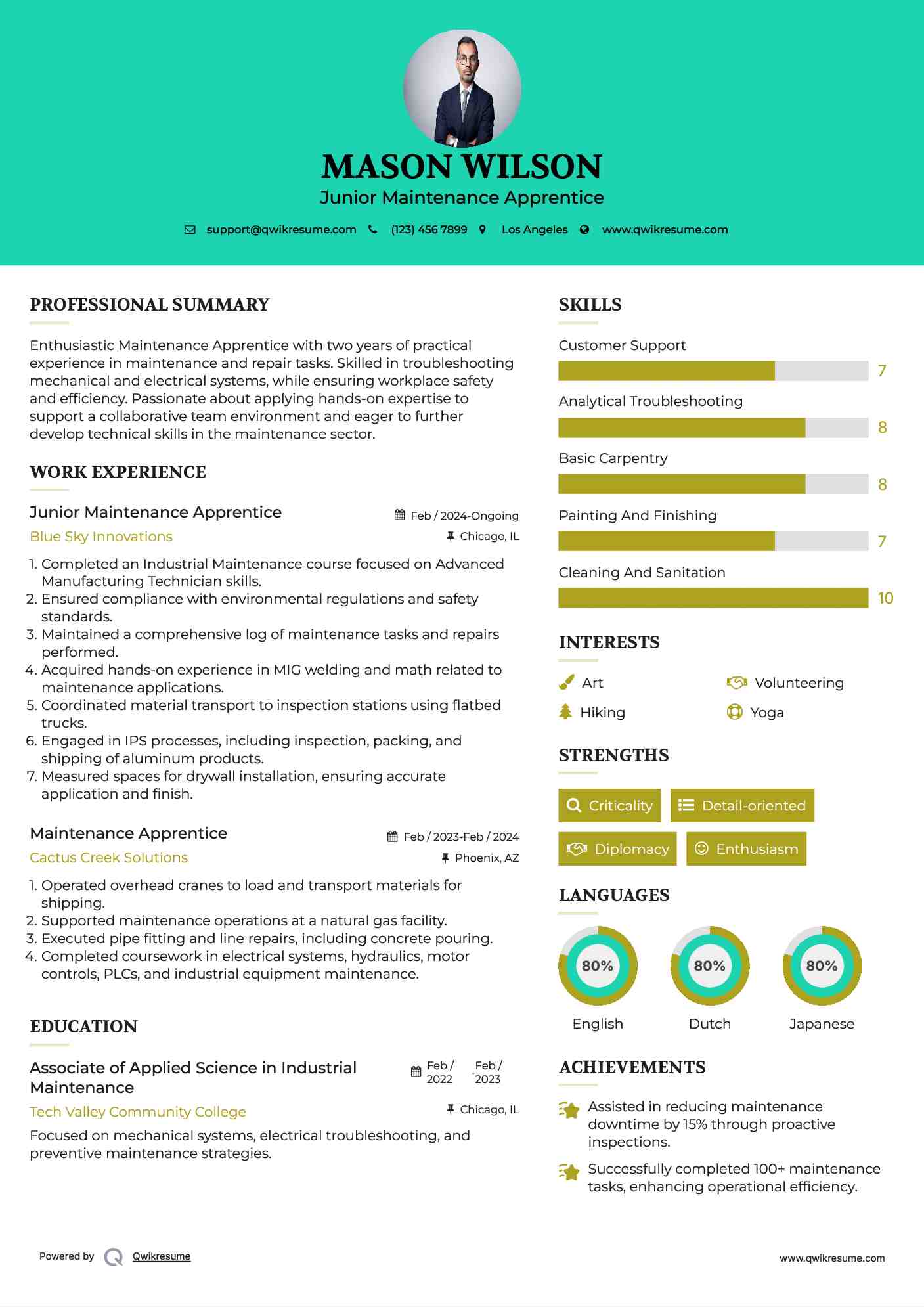 Junior Maintenance Apprentice Resume Example