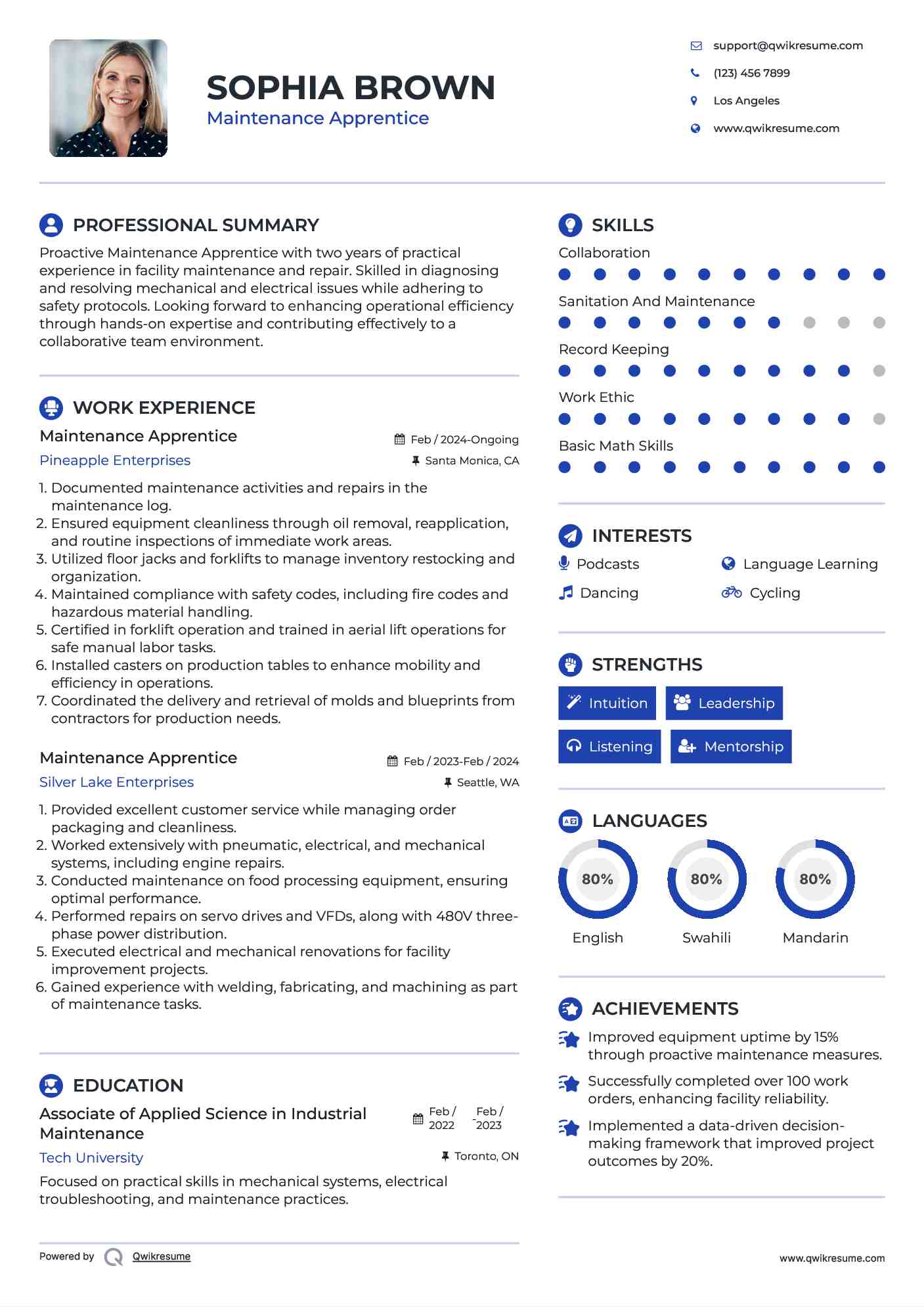 Maintenance Apprentice Resume Example