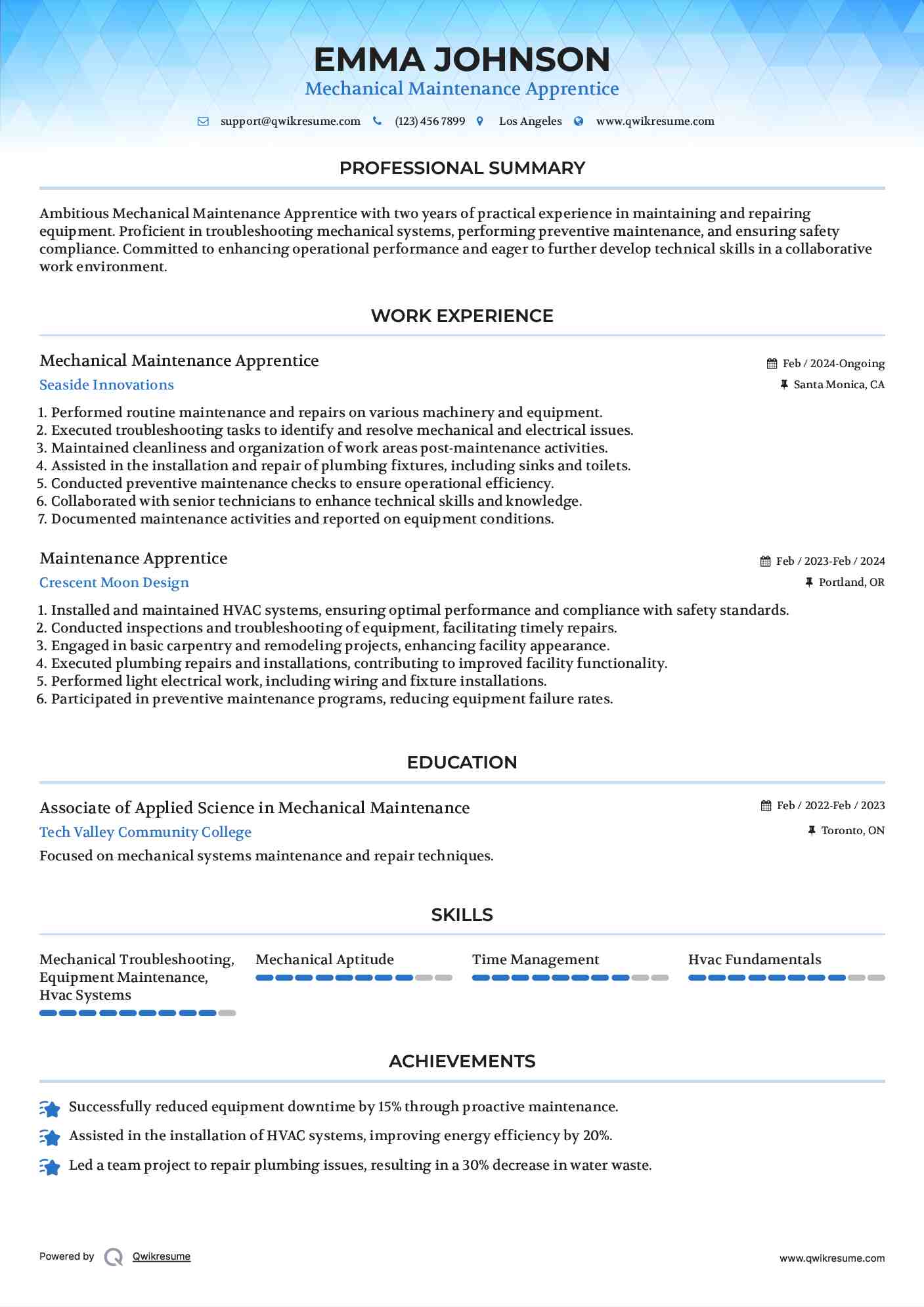 Mechanical Maintenance Apprentice Resume Model