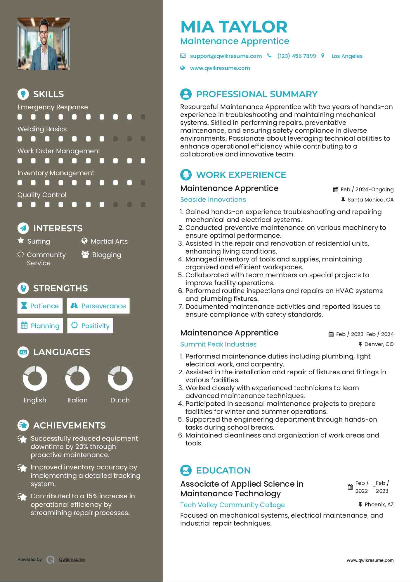 Maintenance Apprentice Resume Example