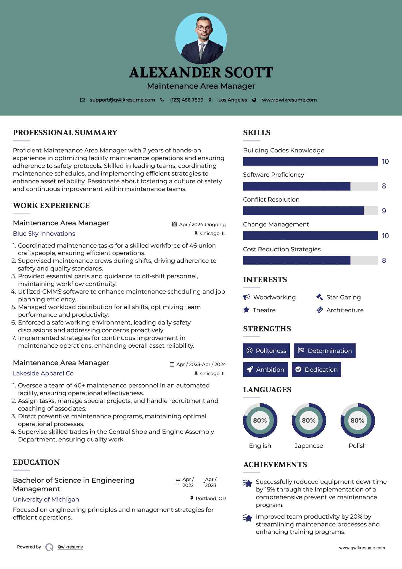 Maintenance Area Manager Resume Example