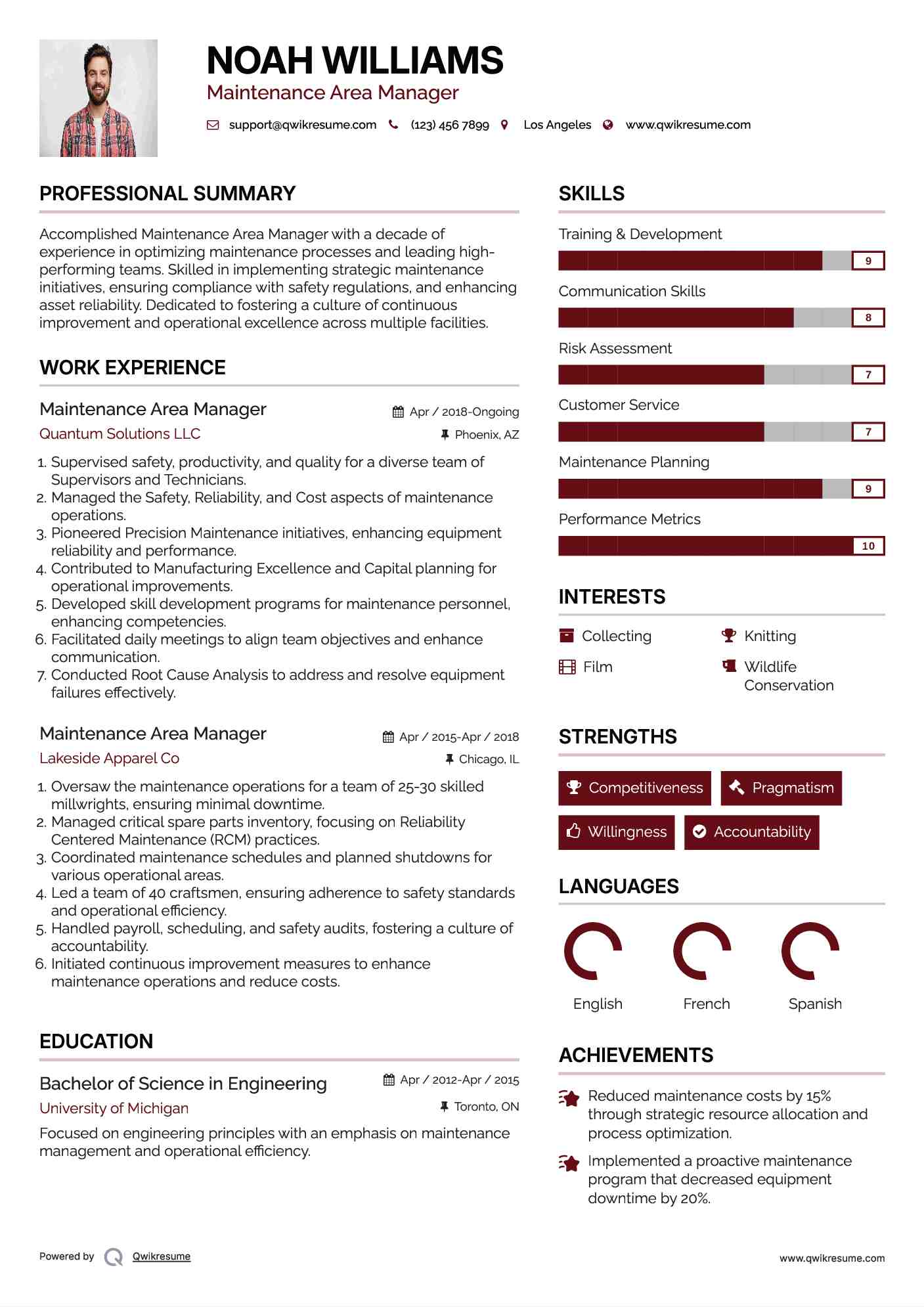 Maintenance Area Manager Resume Format