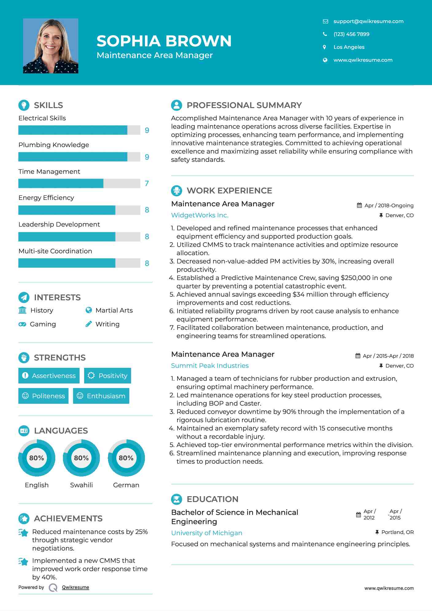 Maintenance Area Manager Resume Format