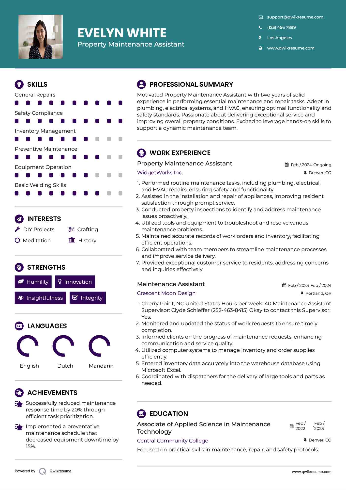 Property Maintenance Assistant
 Resume Model