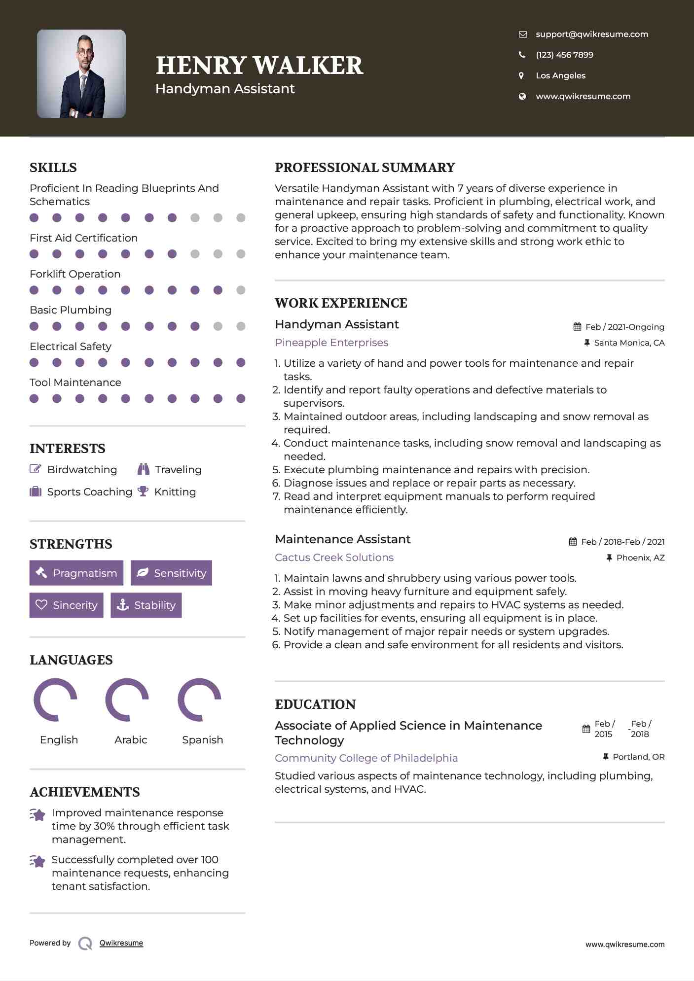 Handyman Assistant
 Resume Sample