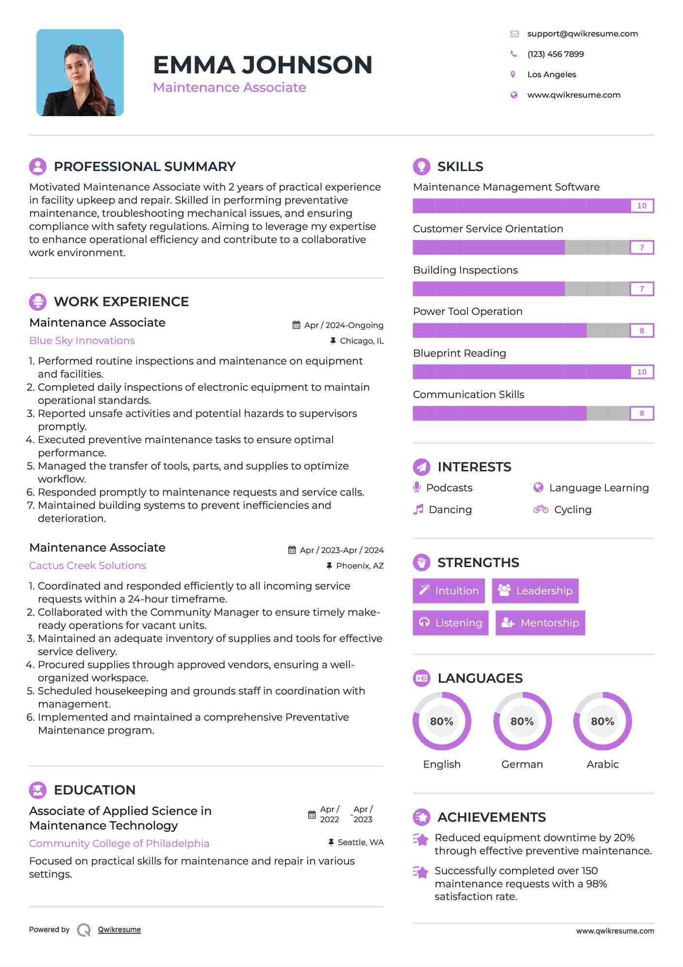 Maintenance Associate Resume Sample