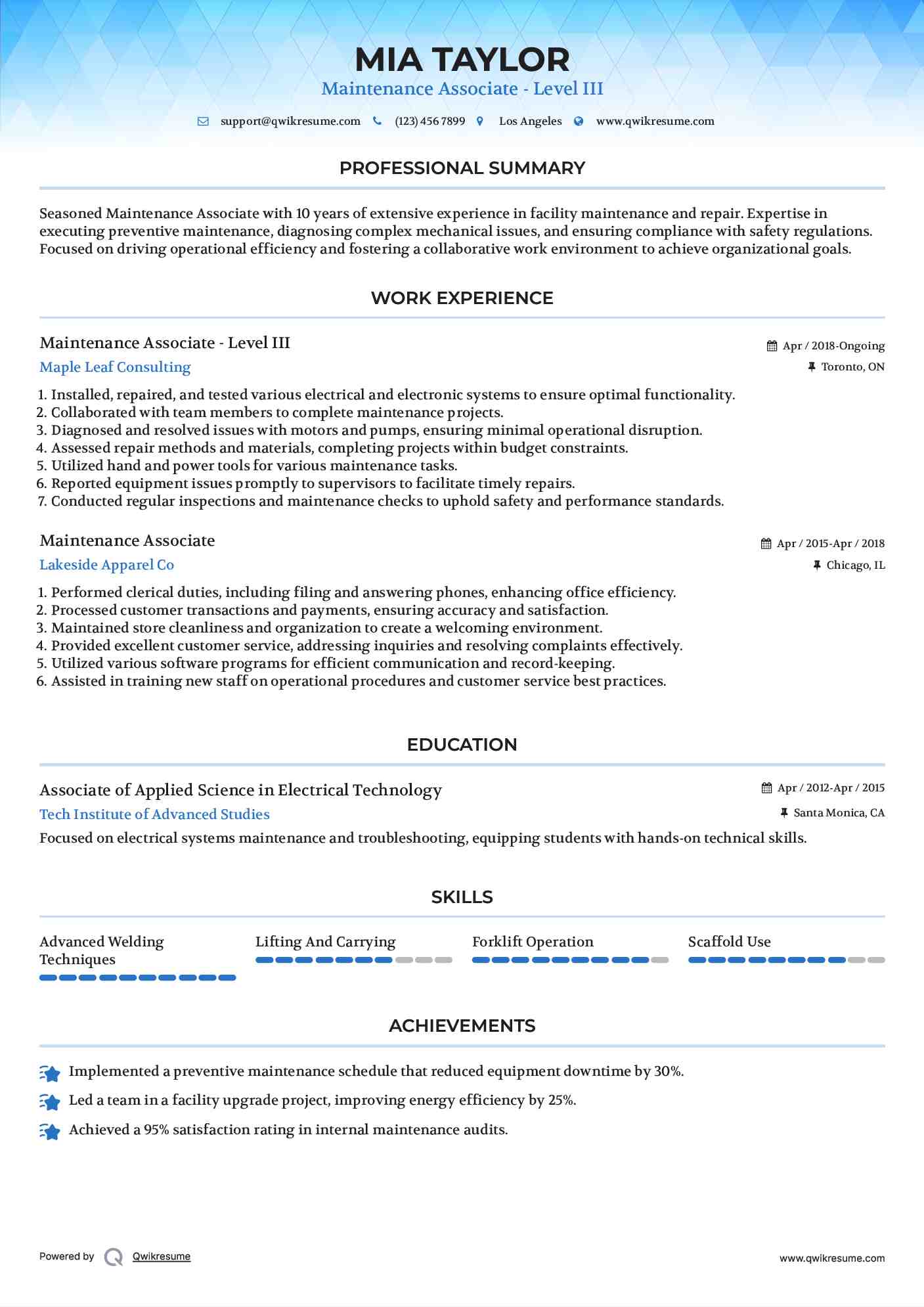Maintenance Associate - Level III Resume Template