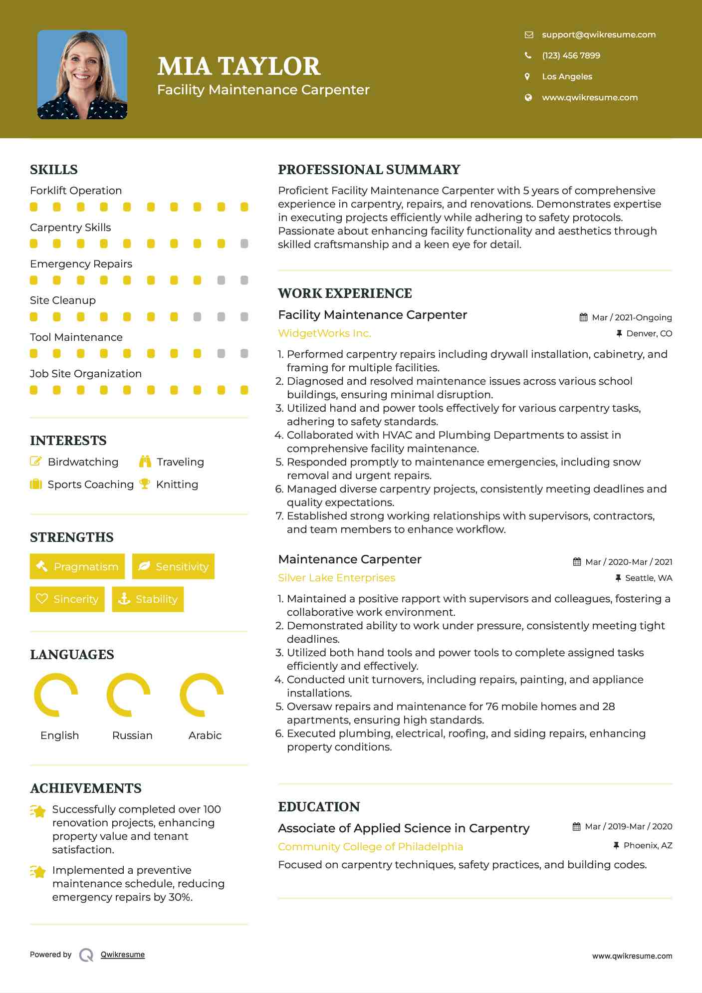Facility Maintenance Carpenter Resume Template