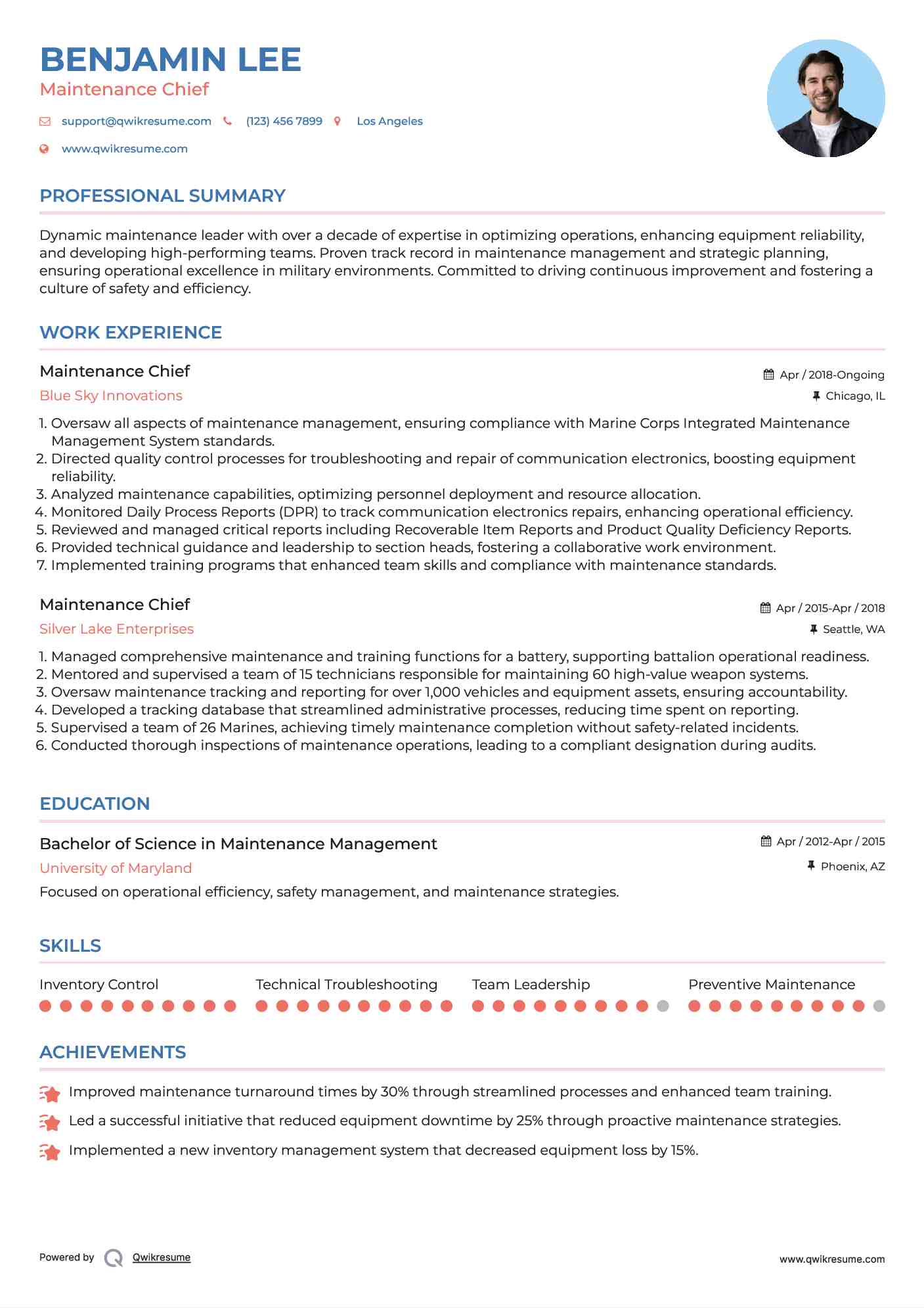 Maintenance Chief Resume Format