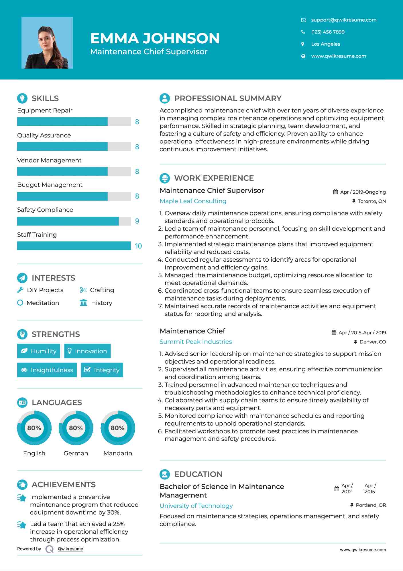 Maintenance Chief Supervisor Resume Model