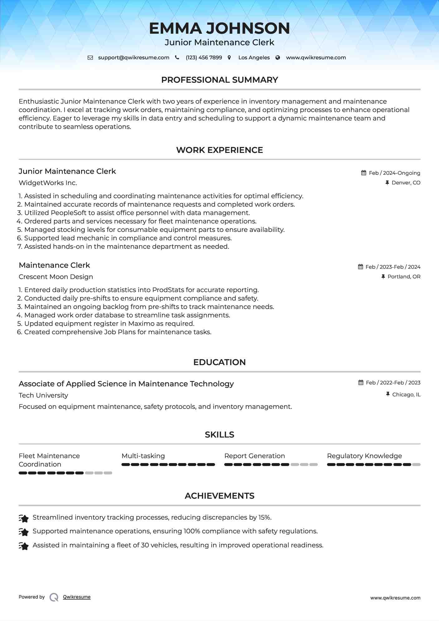 Junior Maintenance Clerk Resume Sample