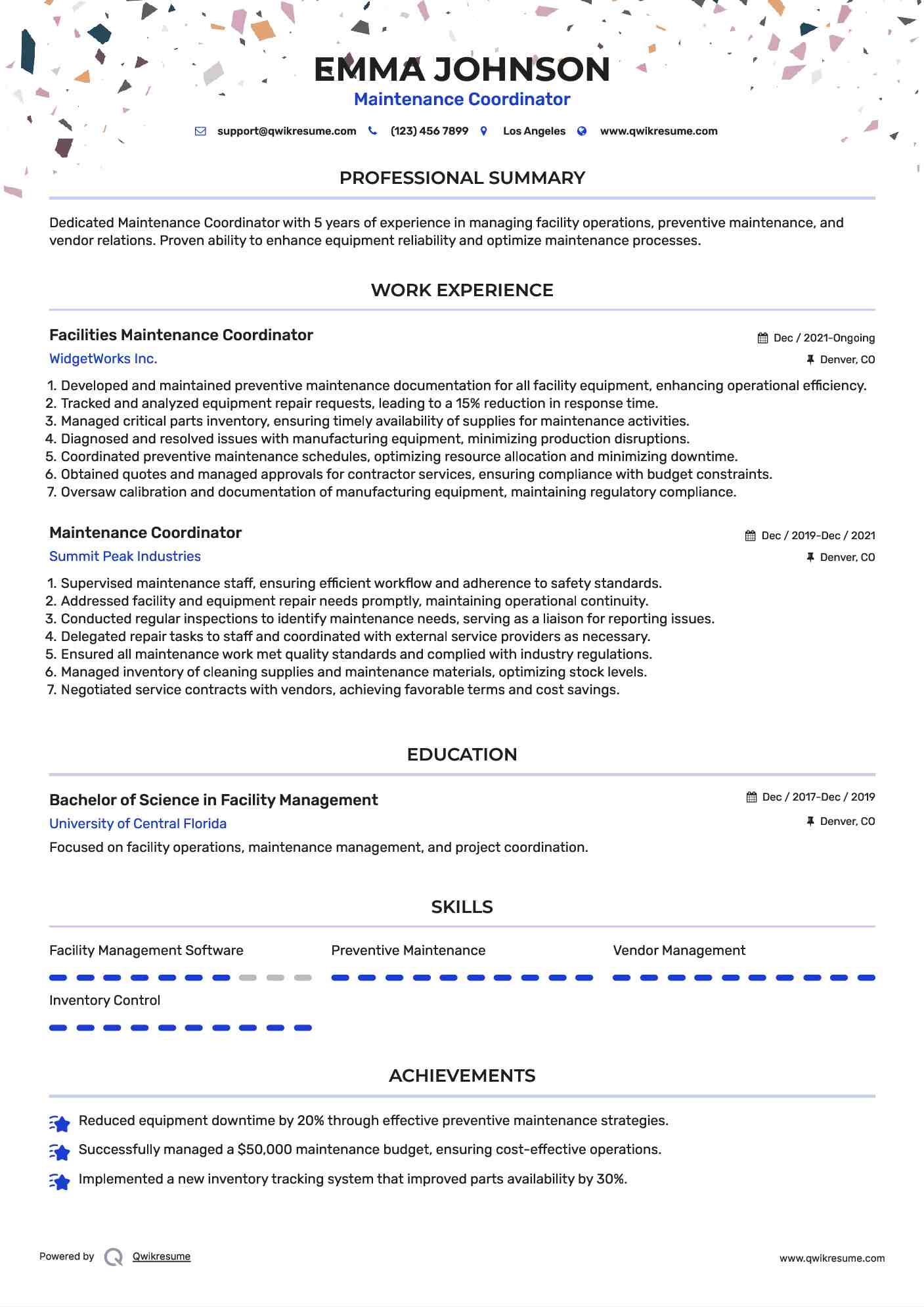 Facilities Maintenance Coordinator Resume Model