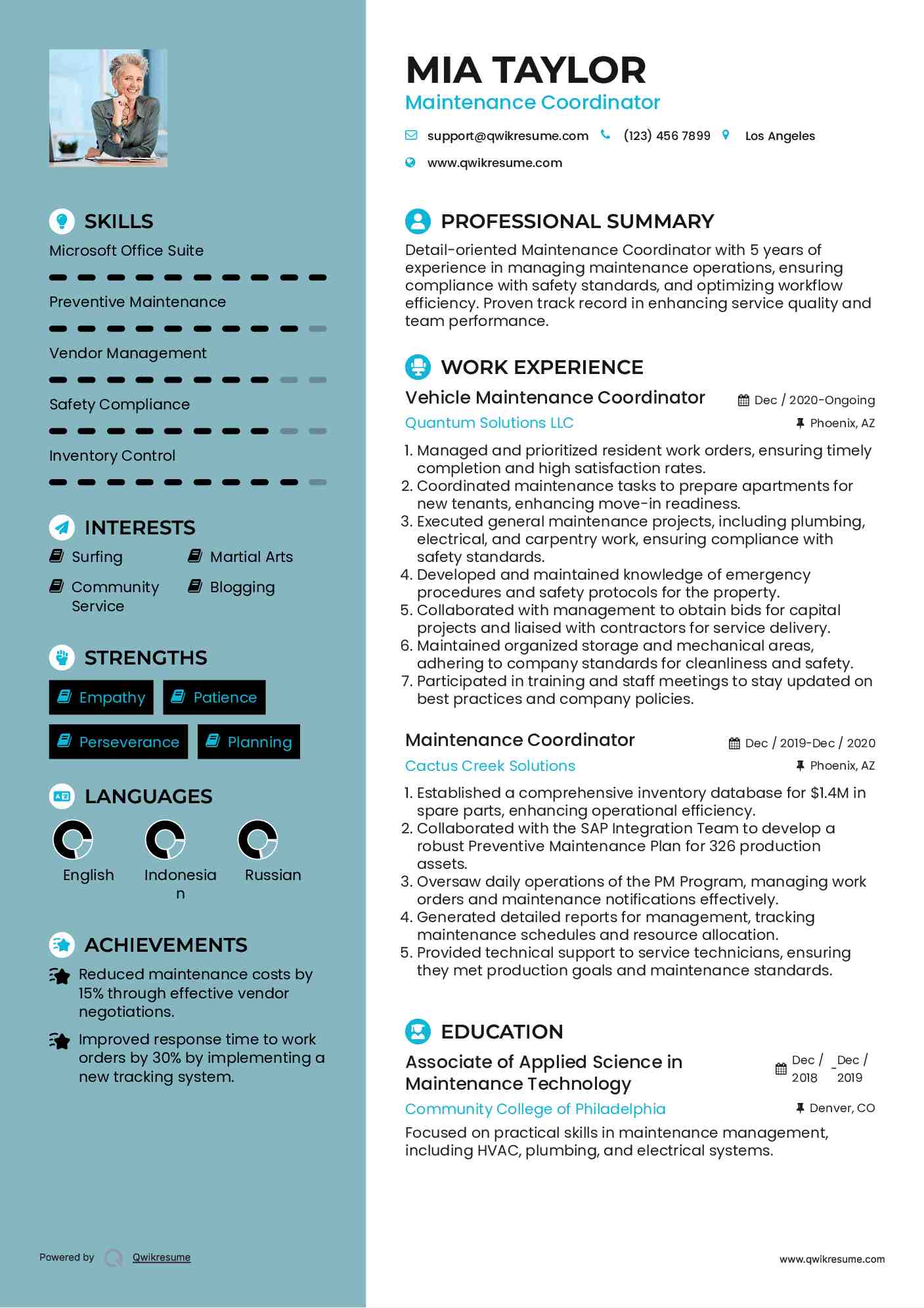 Vehicle Maintenance Coordinator Resume Template