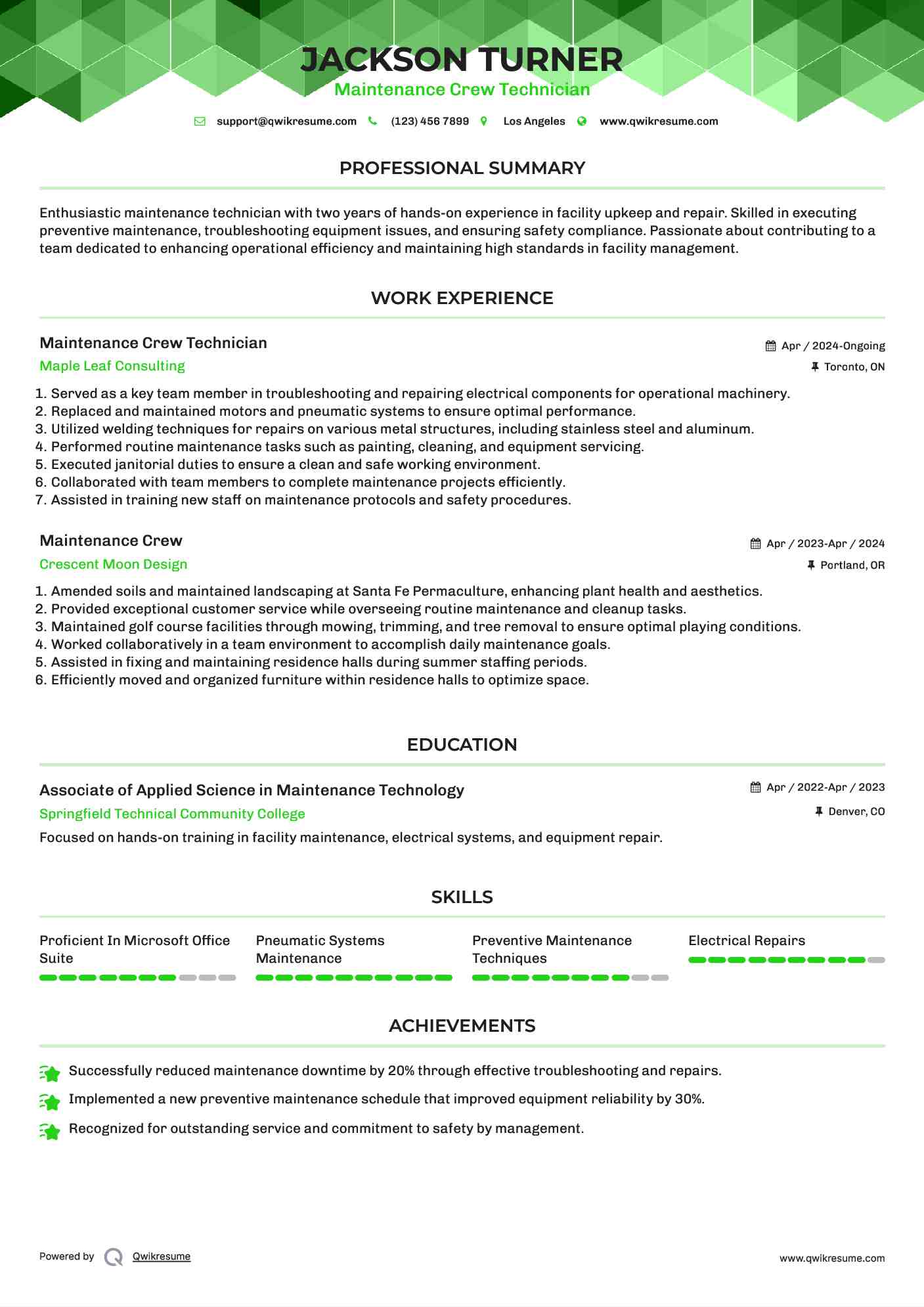 Maintenance Crew Technician Resume Model
