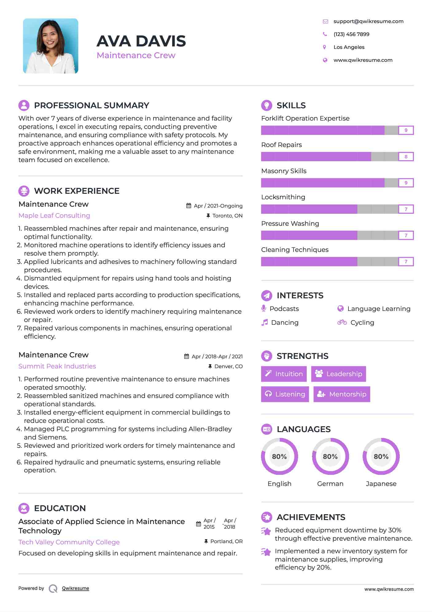 Maintenance Crew Resume Model