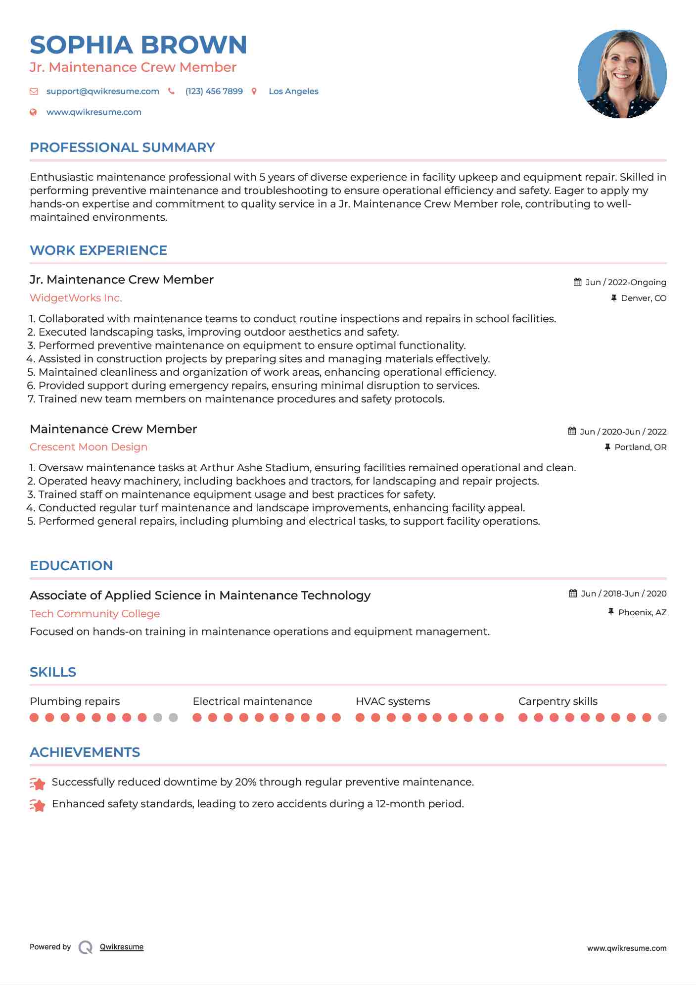 Jr. Maintenance Crew Member Resume Sample