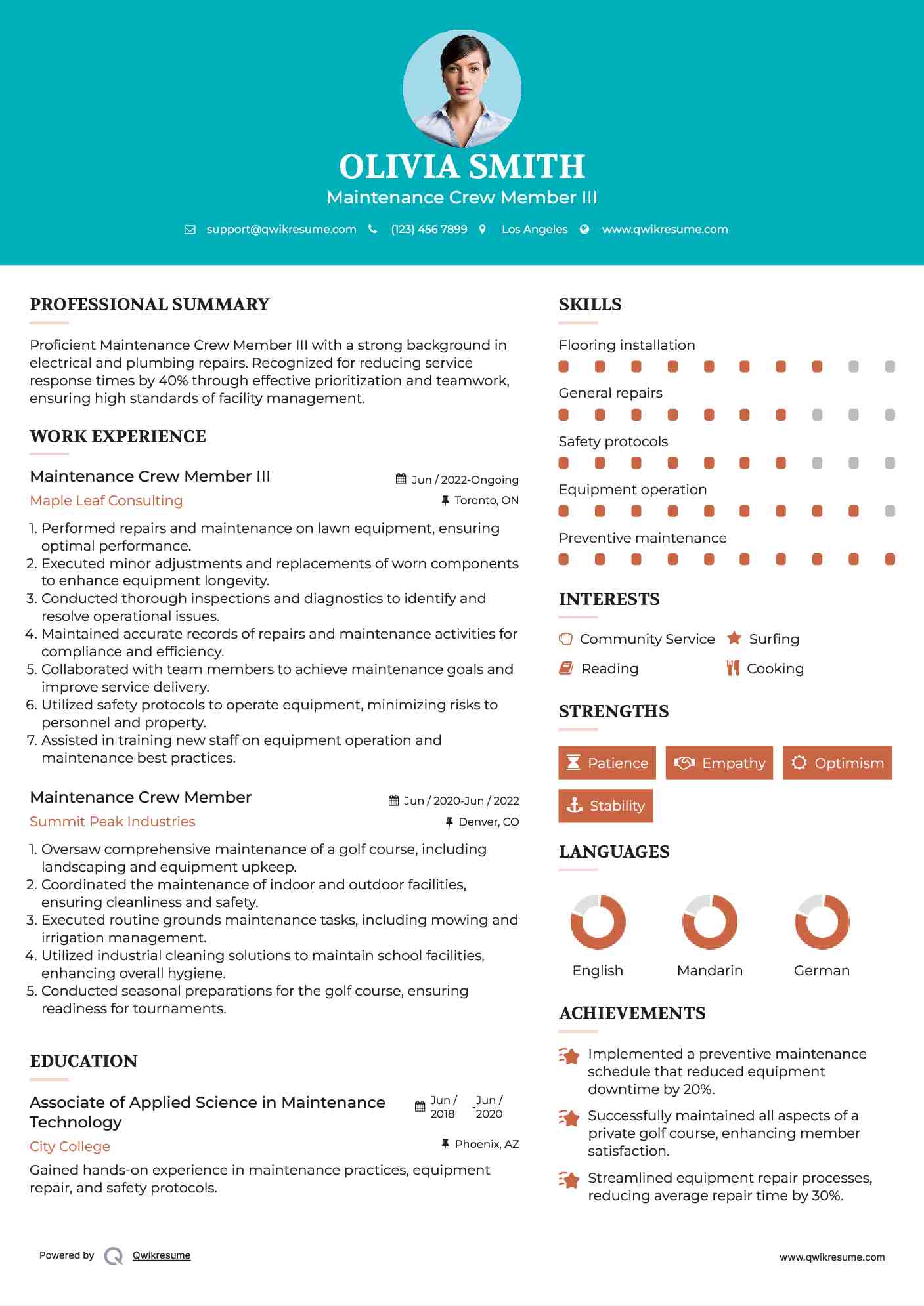 Maintenance Crew Member III Resume Sample