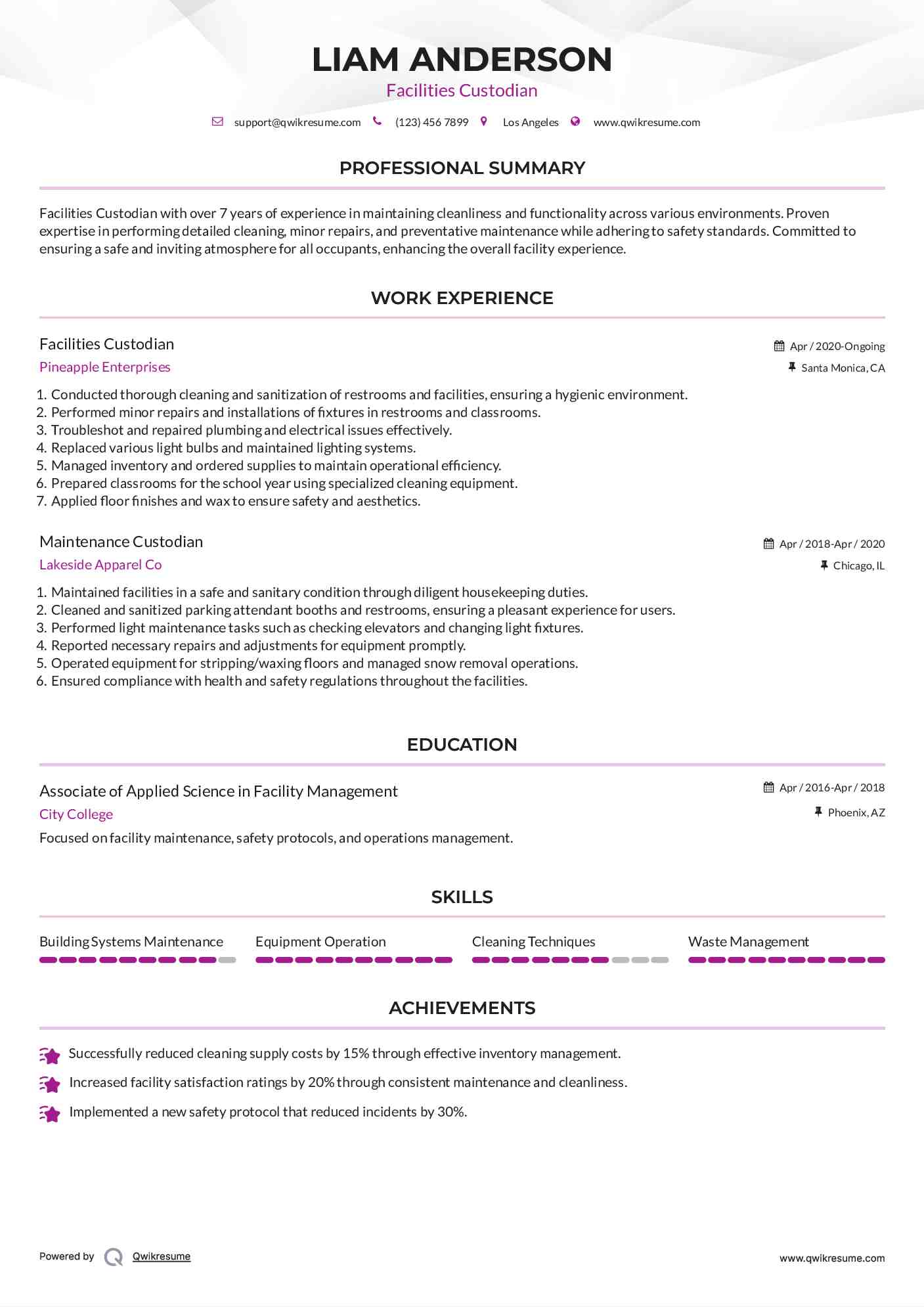 Facilities Custodian Resume Model