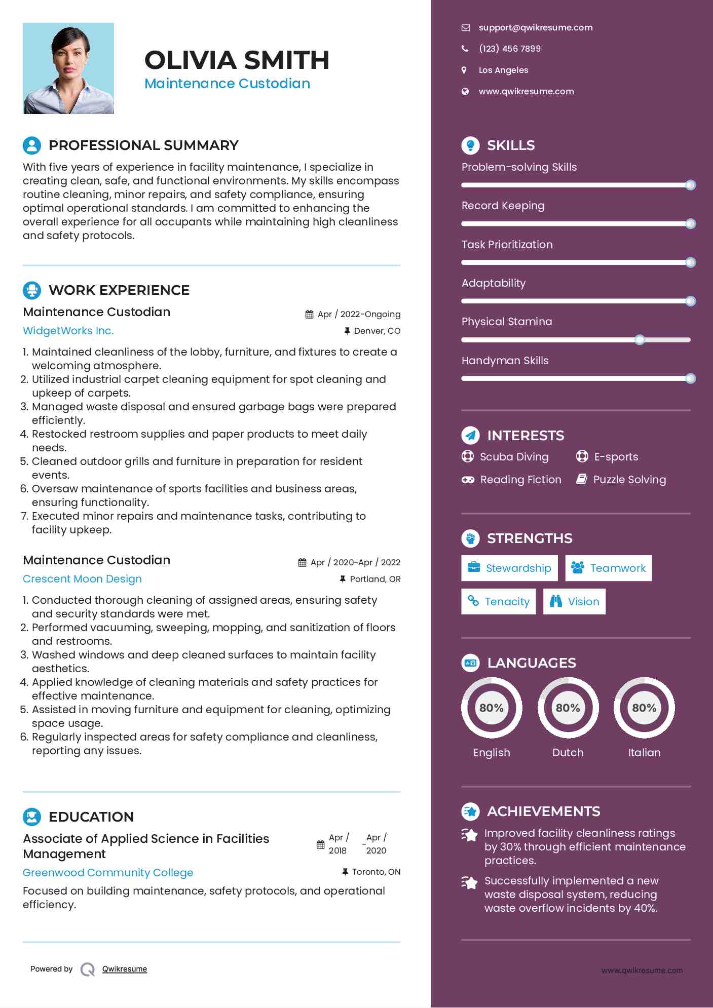 Maintenance Custodian Resume Sample