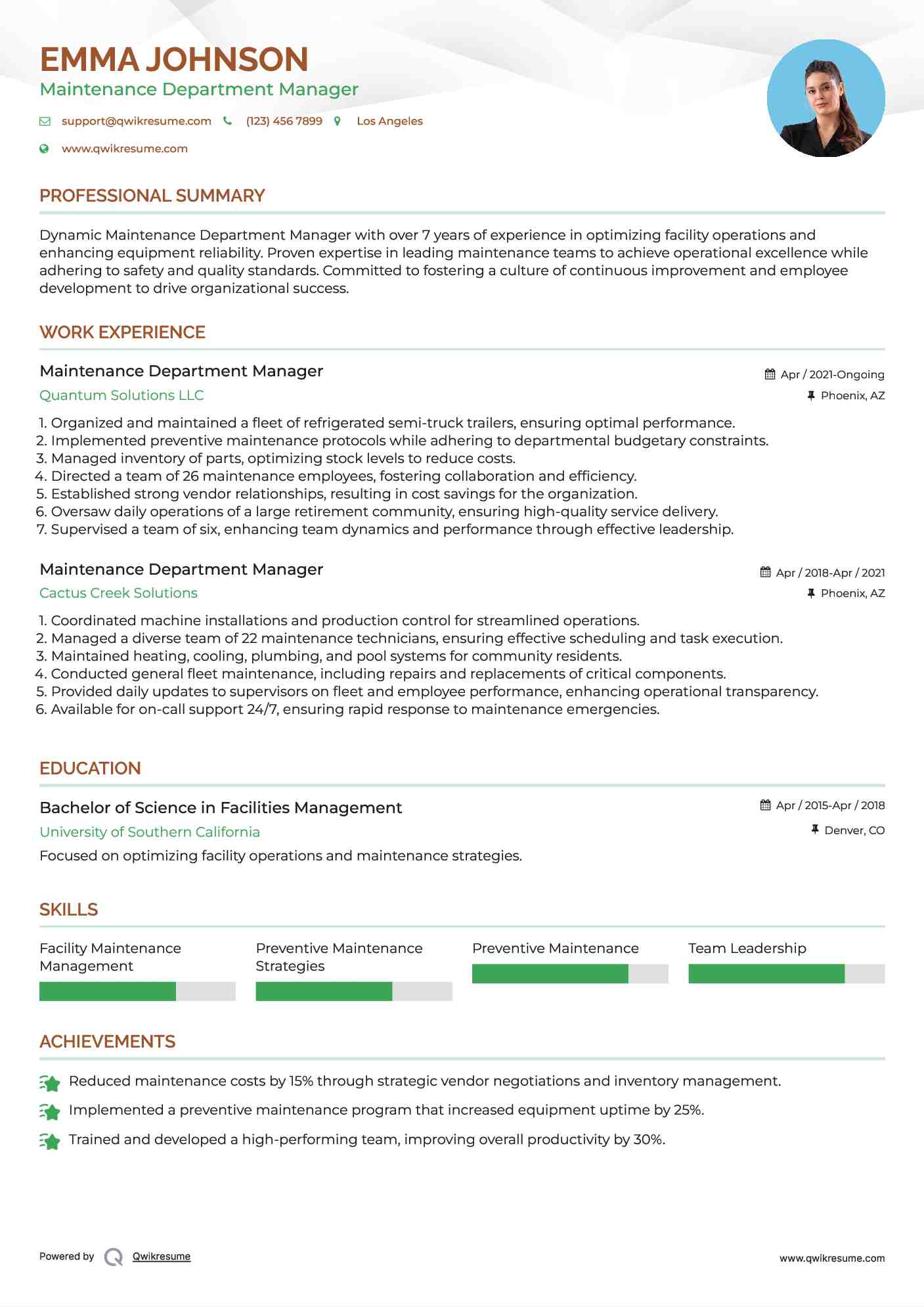 Maintenance Department Manager Resume Example