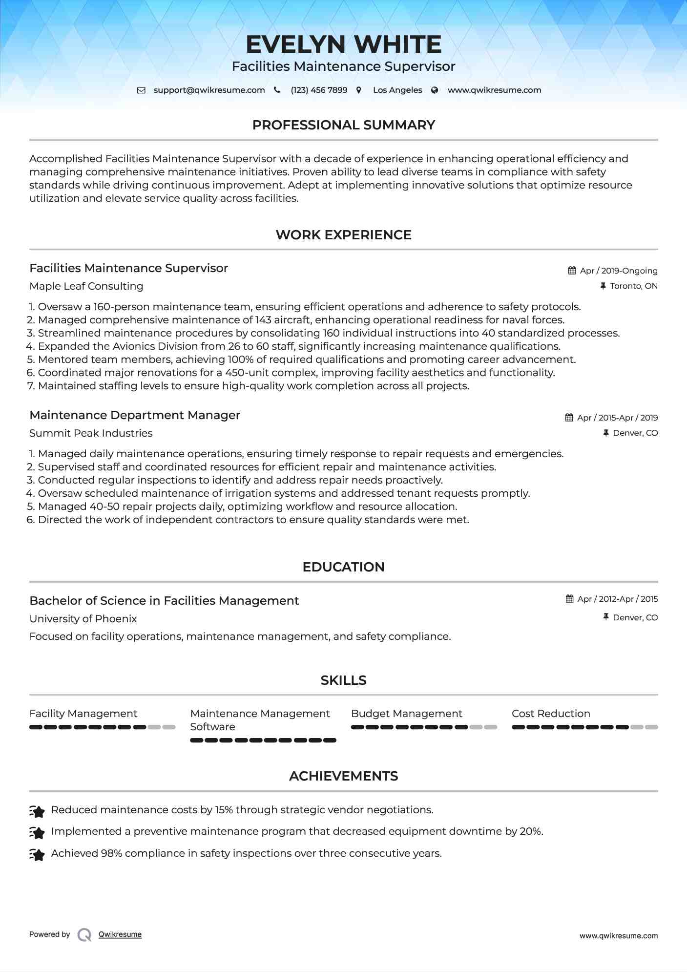 Facilities Maintenance Supervisor Resume Model