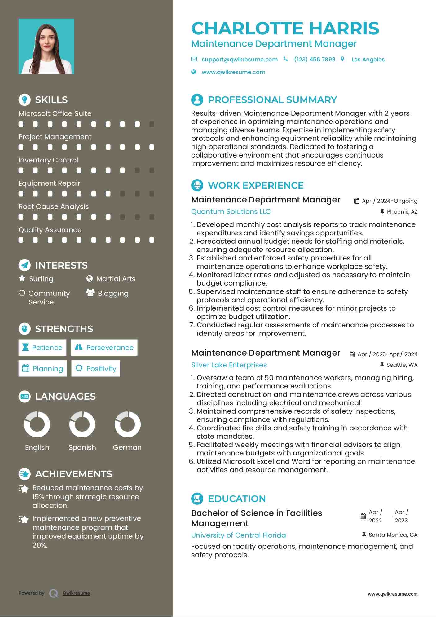 Maintenance Department Manager Resume Example