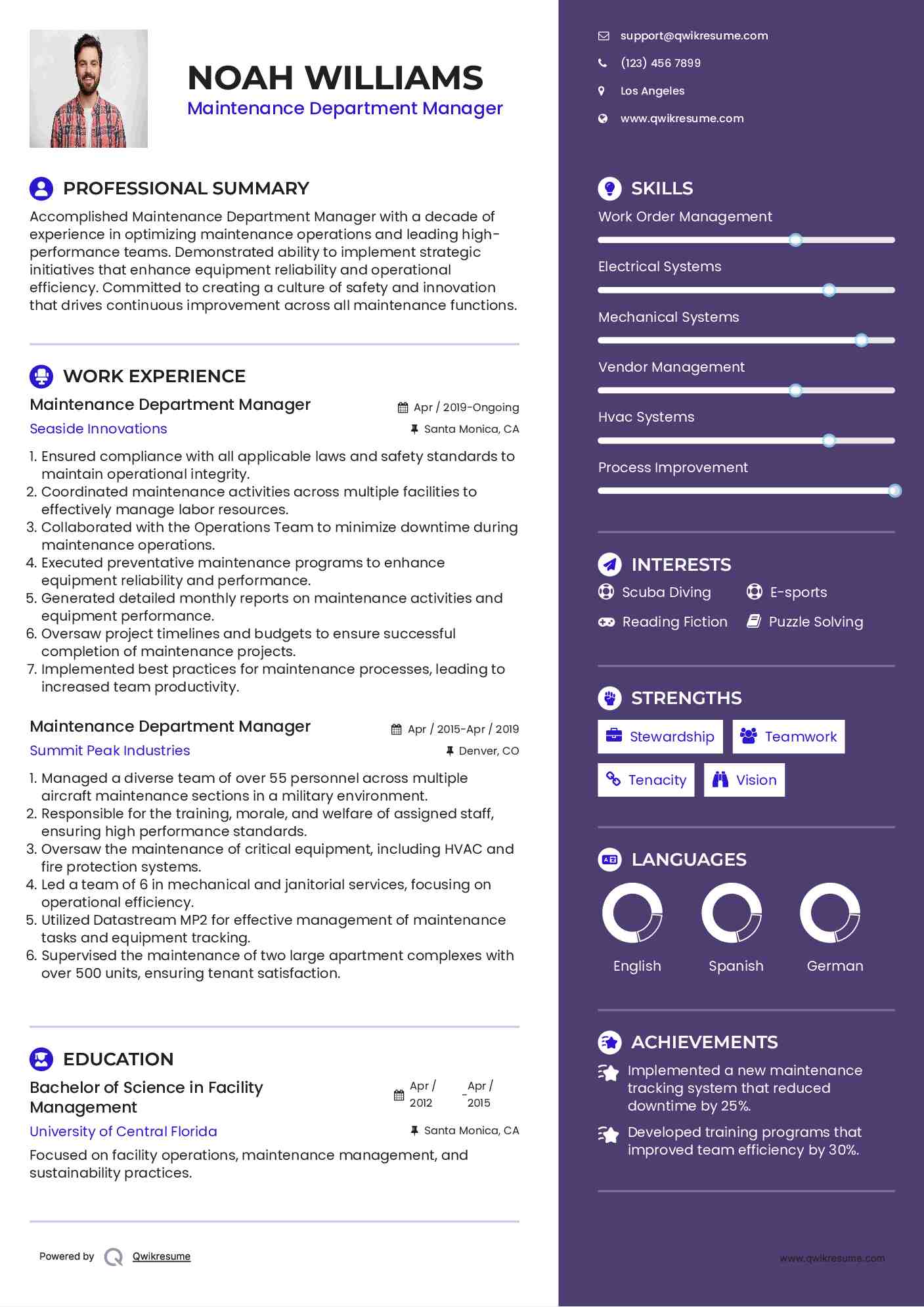 Maintenance Department Manager Resume Format