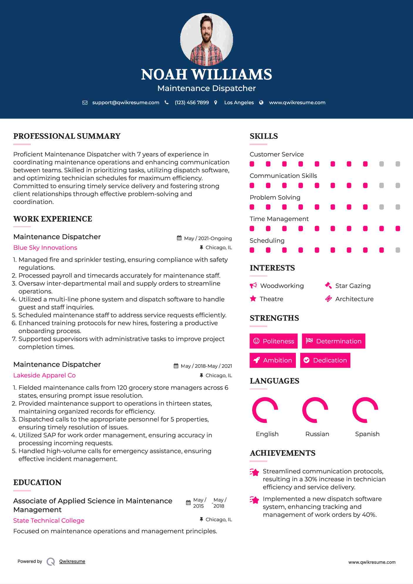 Maintenance Dispatcher Resume Example