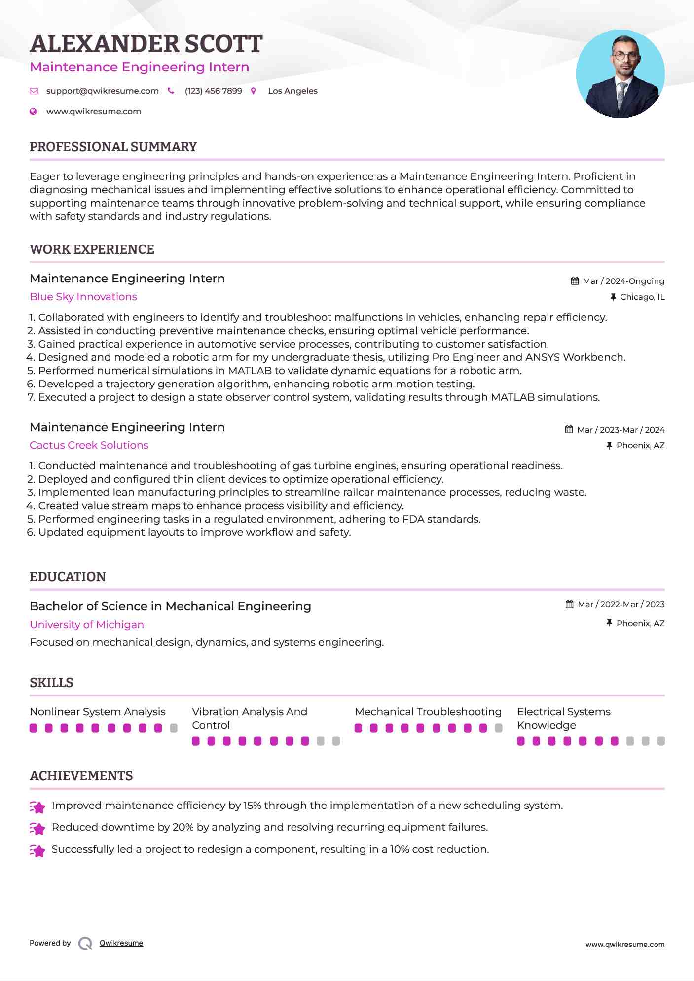 Maintenance Engineering Intern Resume Sample