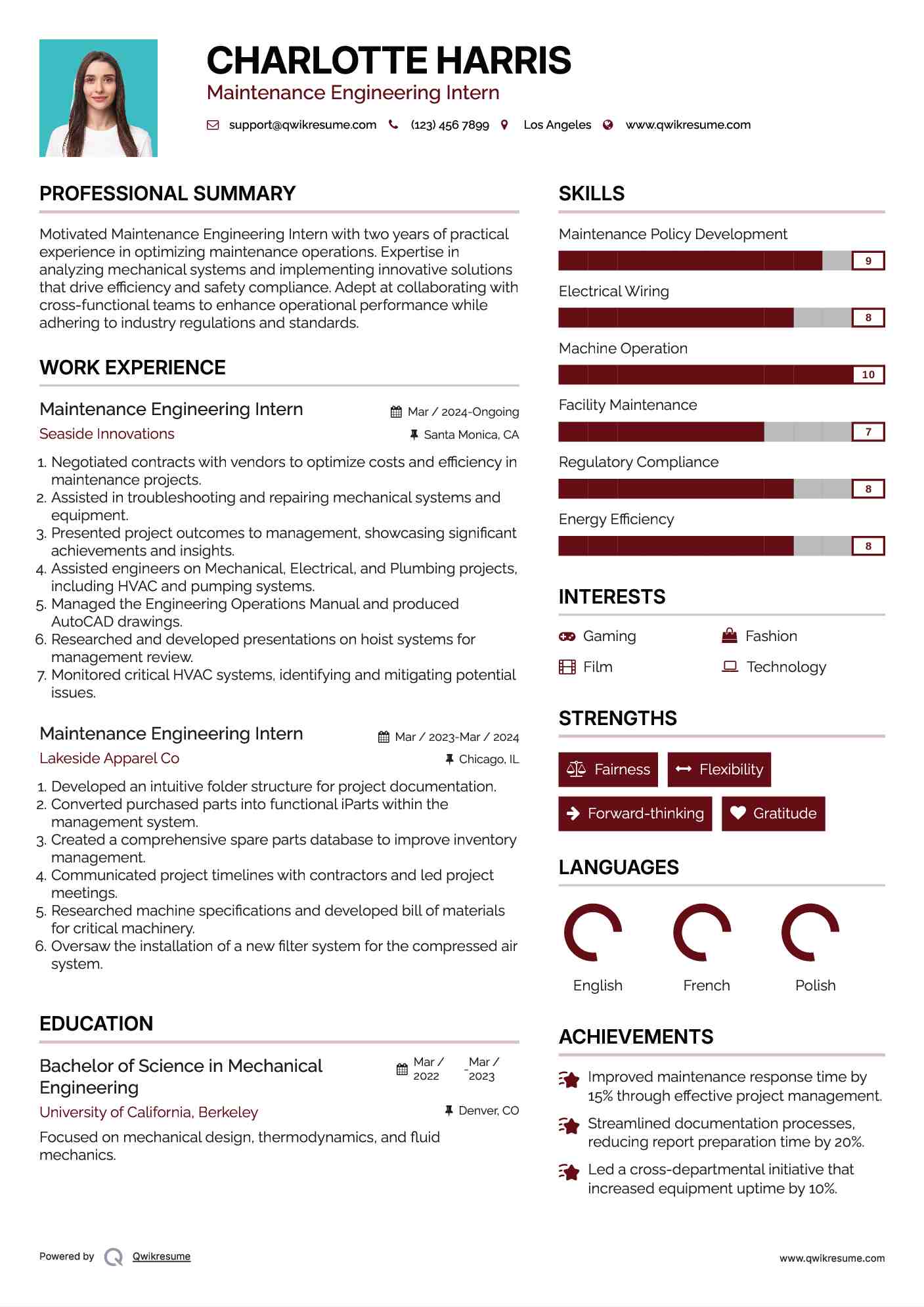Maintenance Engineering Intern Resume Template