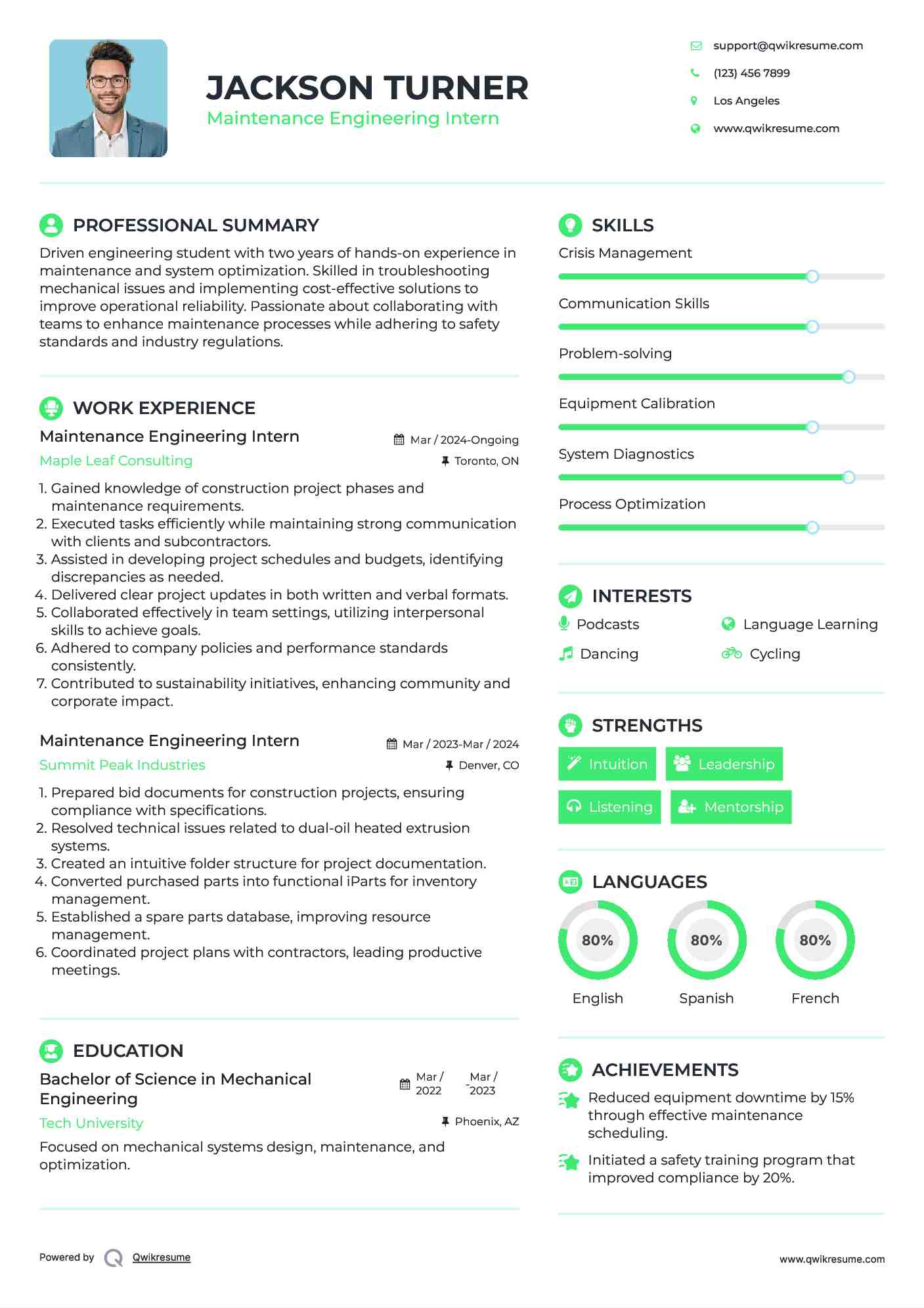 Maintenance Engineering Intern Resume Sample