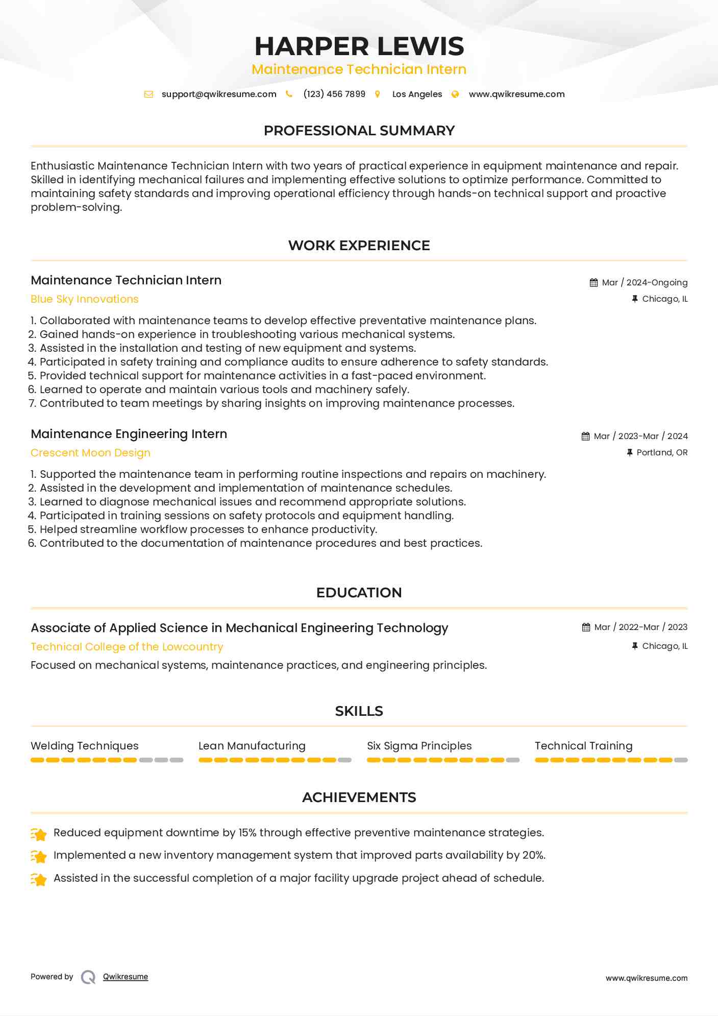 Maintenance Technician Intern Resume Example
