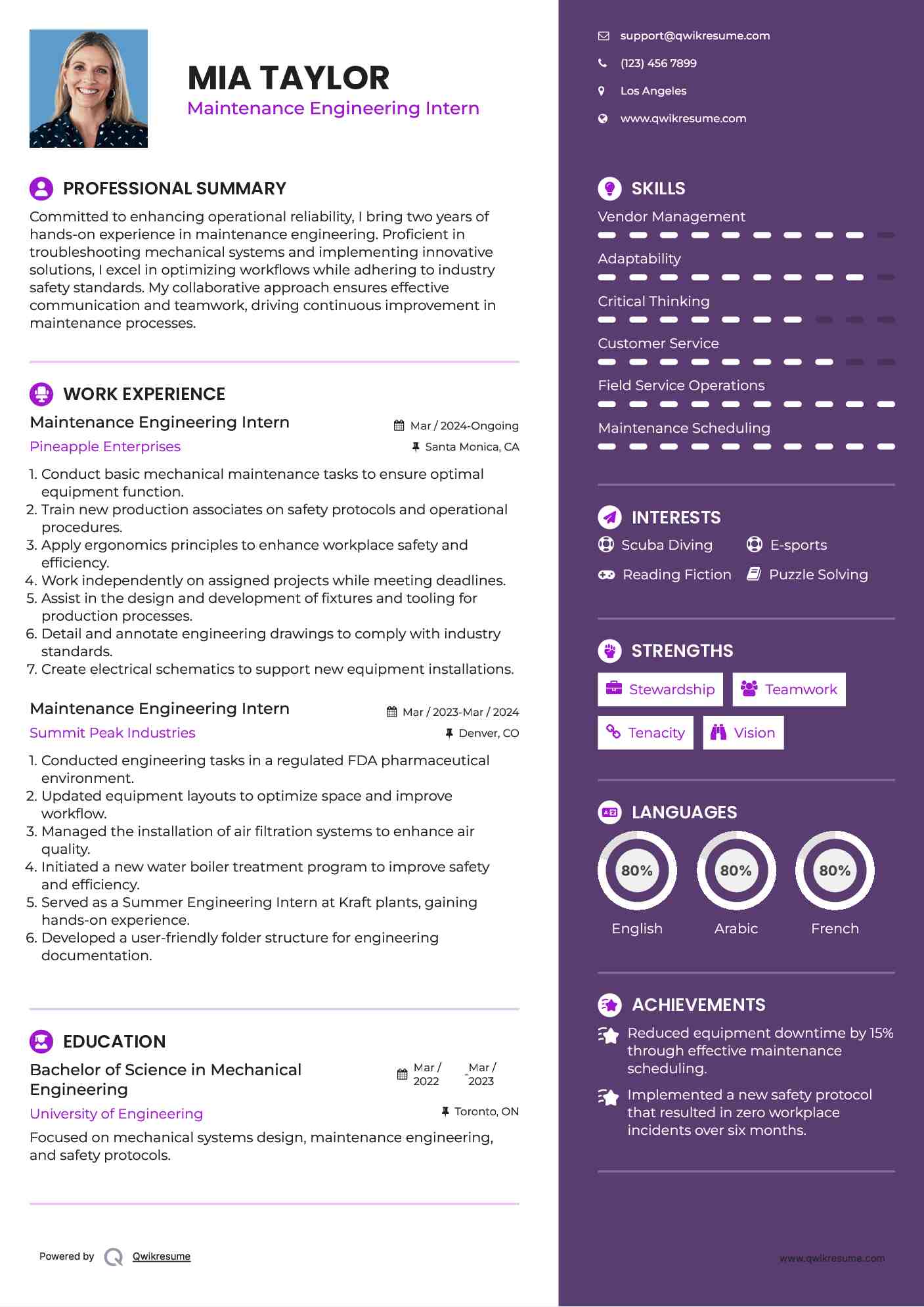 Maintenance Engineering Intern Resume Example