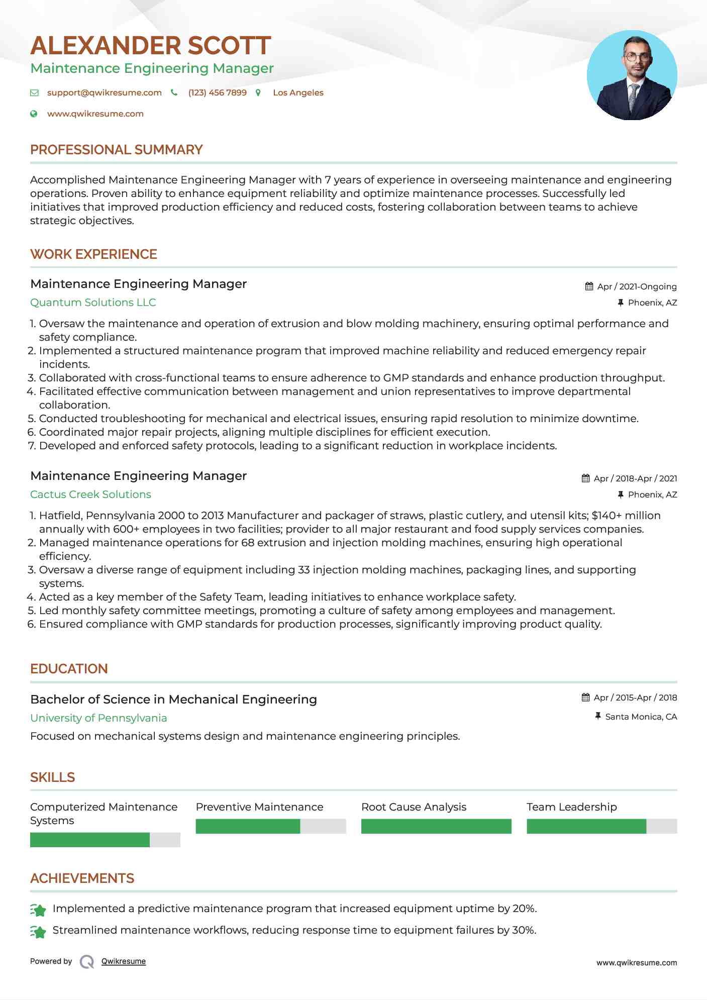 Maintenance Engineering Manager Resume Template