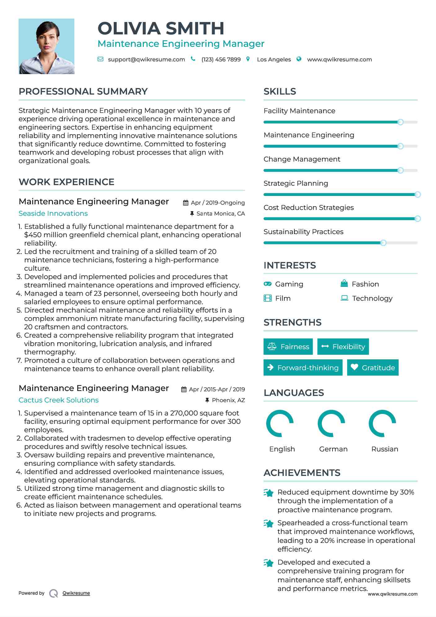 Maintenance Engineering Manager Resume Samples QwikResume