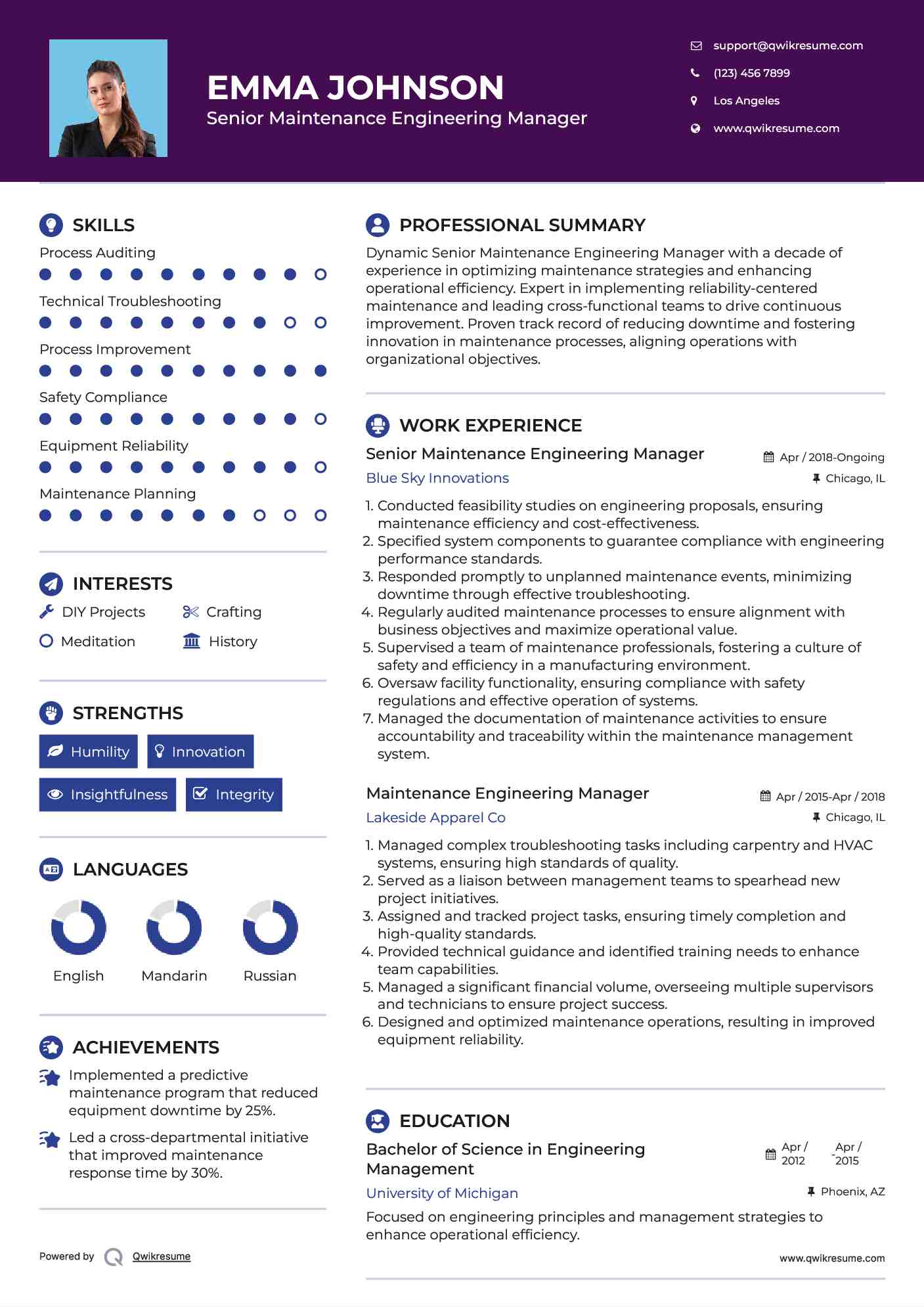 Maintenance Engineering Manager Resume Samples QwikResume